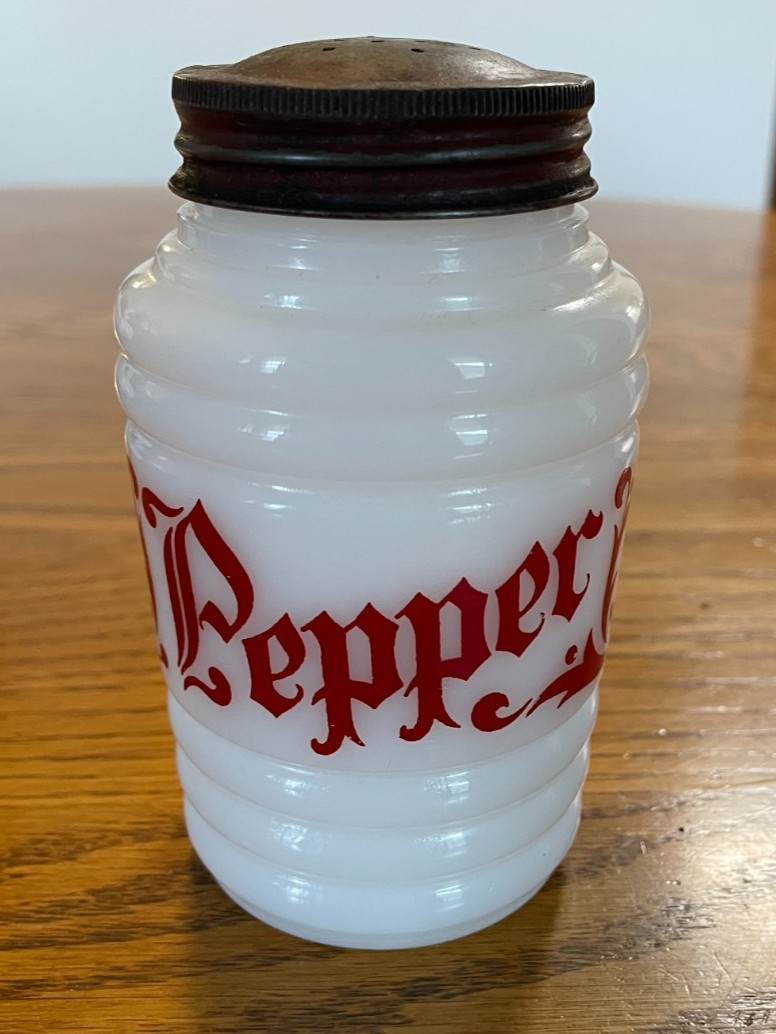 Vintage Hazel Atlas White Milk Glass English Ltrs Beehive Pattern Pepper Shaker