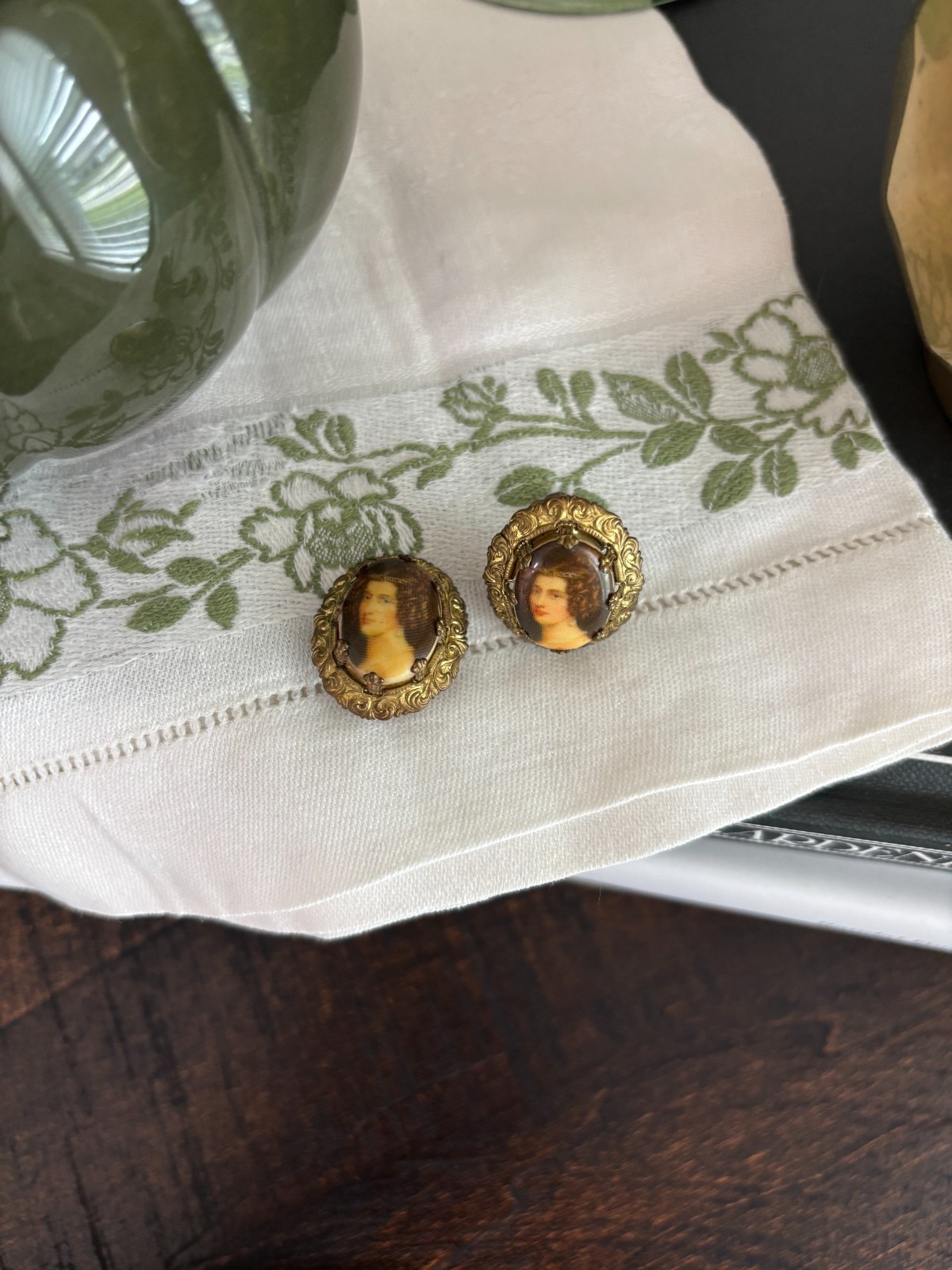 Vintage Signed Cameo Clip On Earrings- Western Germany