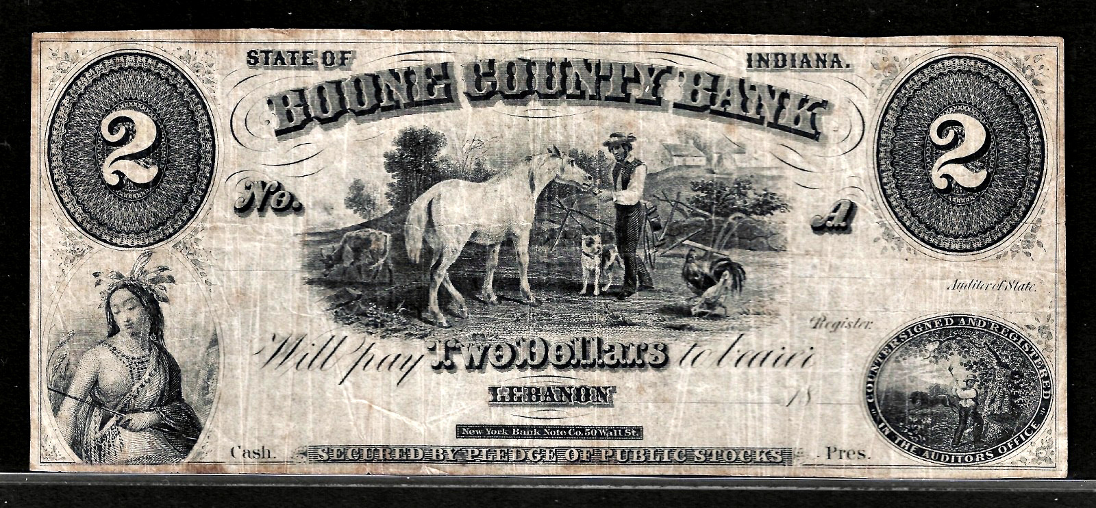 1800’s Lebanon Indiana Boone County Bank $2 Dollar Note Obsolete Banknote