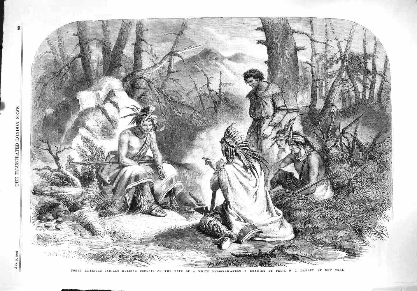 Original Old Antique Print 1860 North American Indians Hing Council P Victorian