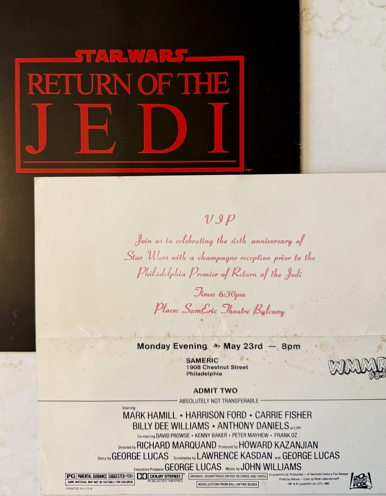 Star Wars Return Jedi 1983 Philadelphia VIP Premiere Ticket Program WMMR Rare