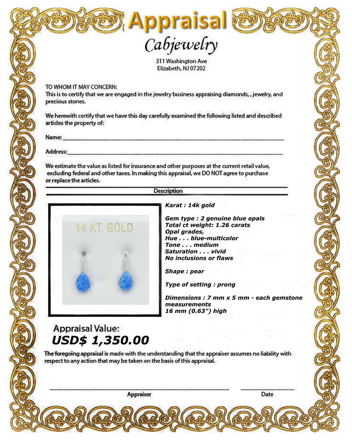 GENUINE 1.24 Cts BLUE OPAL DANGLING EARRINGS 14k WHITE GOLD - Free Appraisal