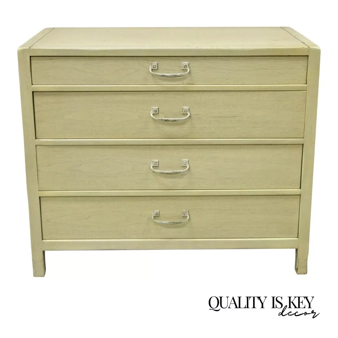 Vintage Sligh Mid Century Modern 4 Drawer Cerused Painted Bachelor Chest Dresser