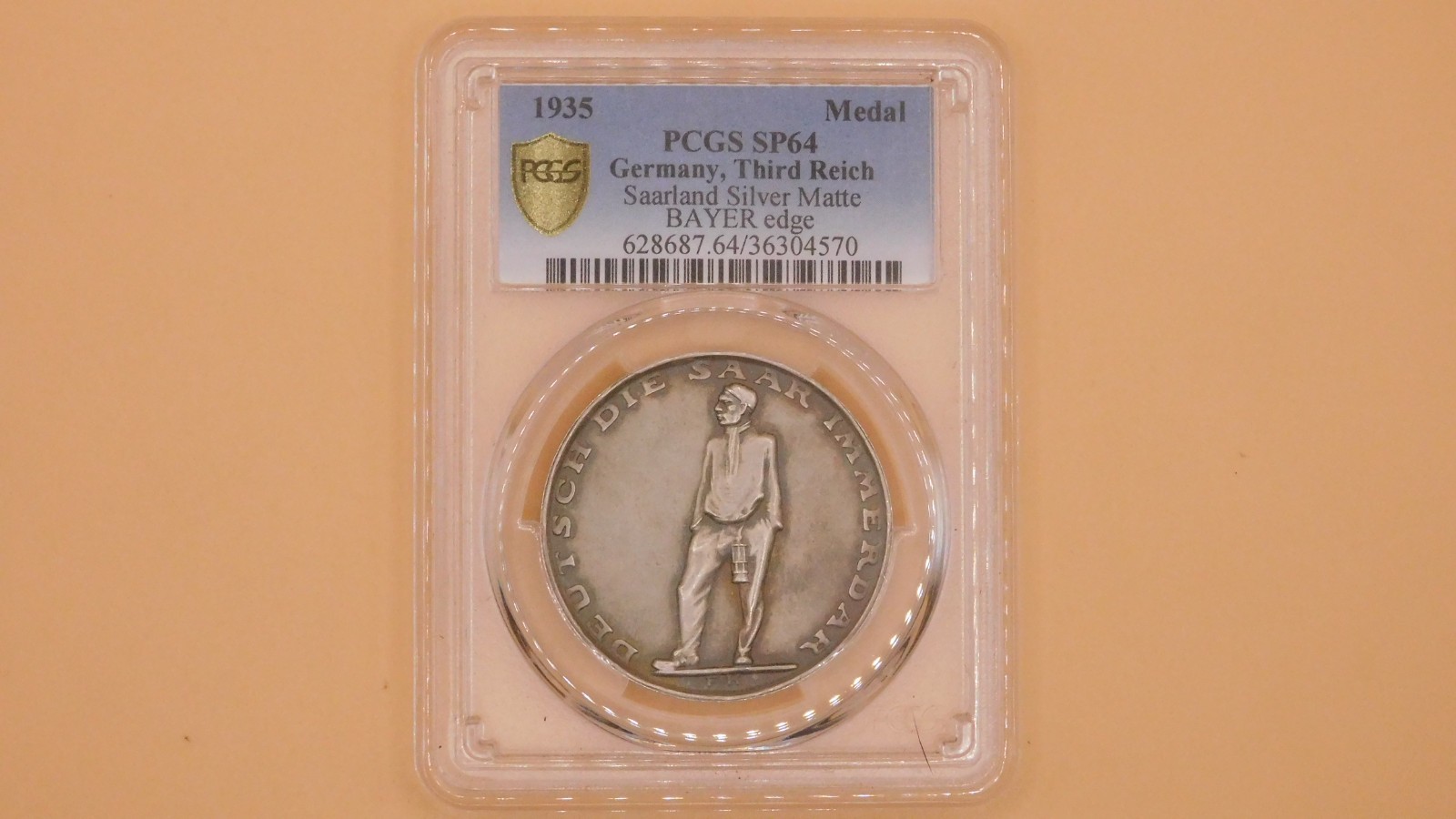 1935 Germany Third Reich Silver Medal Saarland Bayer Edge PCGS SP64 1935 Germany Third Reich Silver Medal Saarland Bayer Edge PCGS SP64
