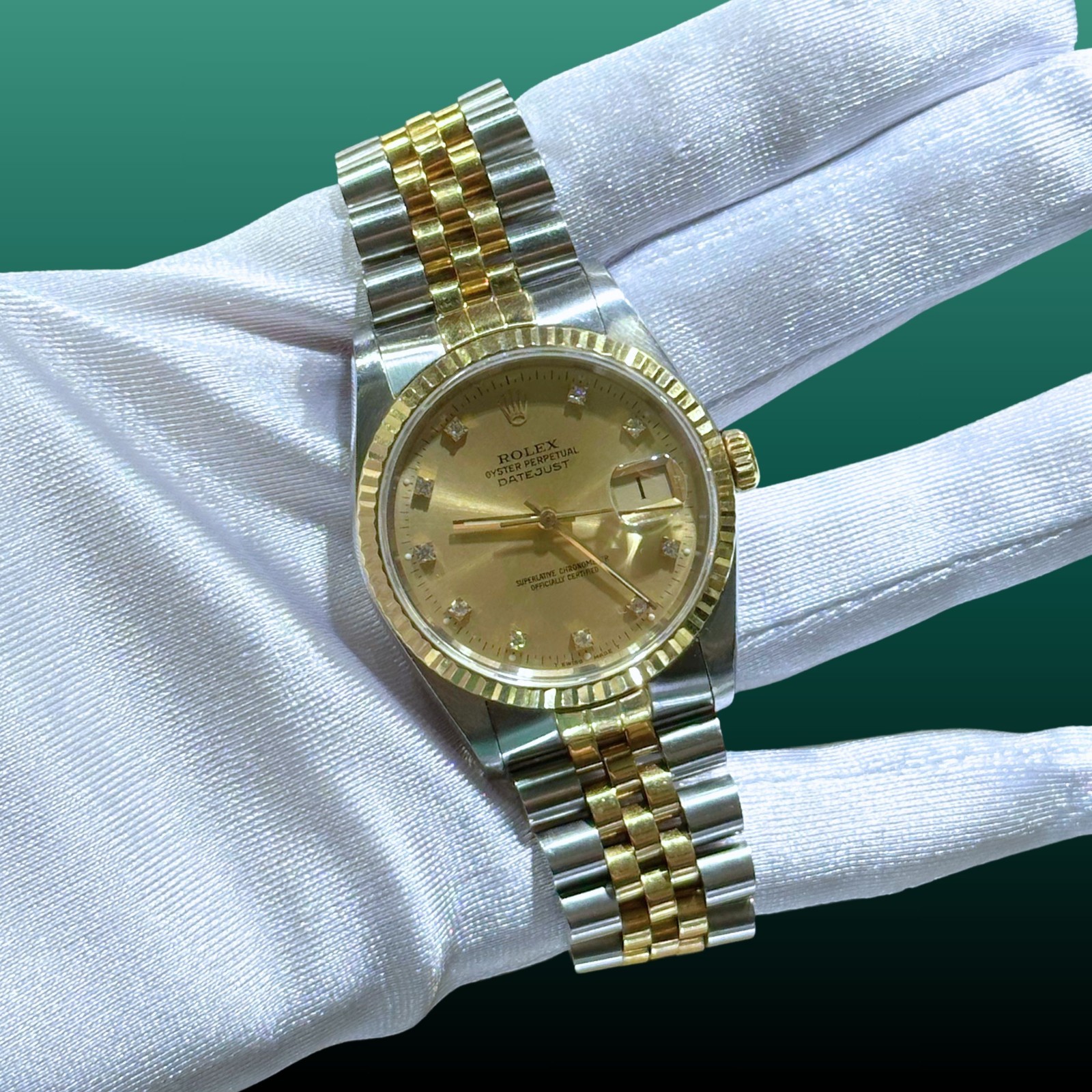 Rolex Datejust 16233 36mm Champagne Diamond Dial Jubilee Gold Steel 1990 Mens
