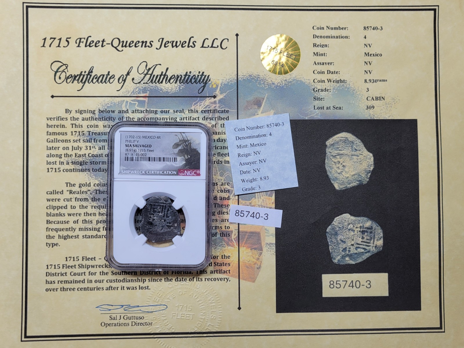 1715 FLEET Mexico Cob 4 Reales NGC Certified with COA & Salvage Tag *V1007