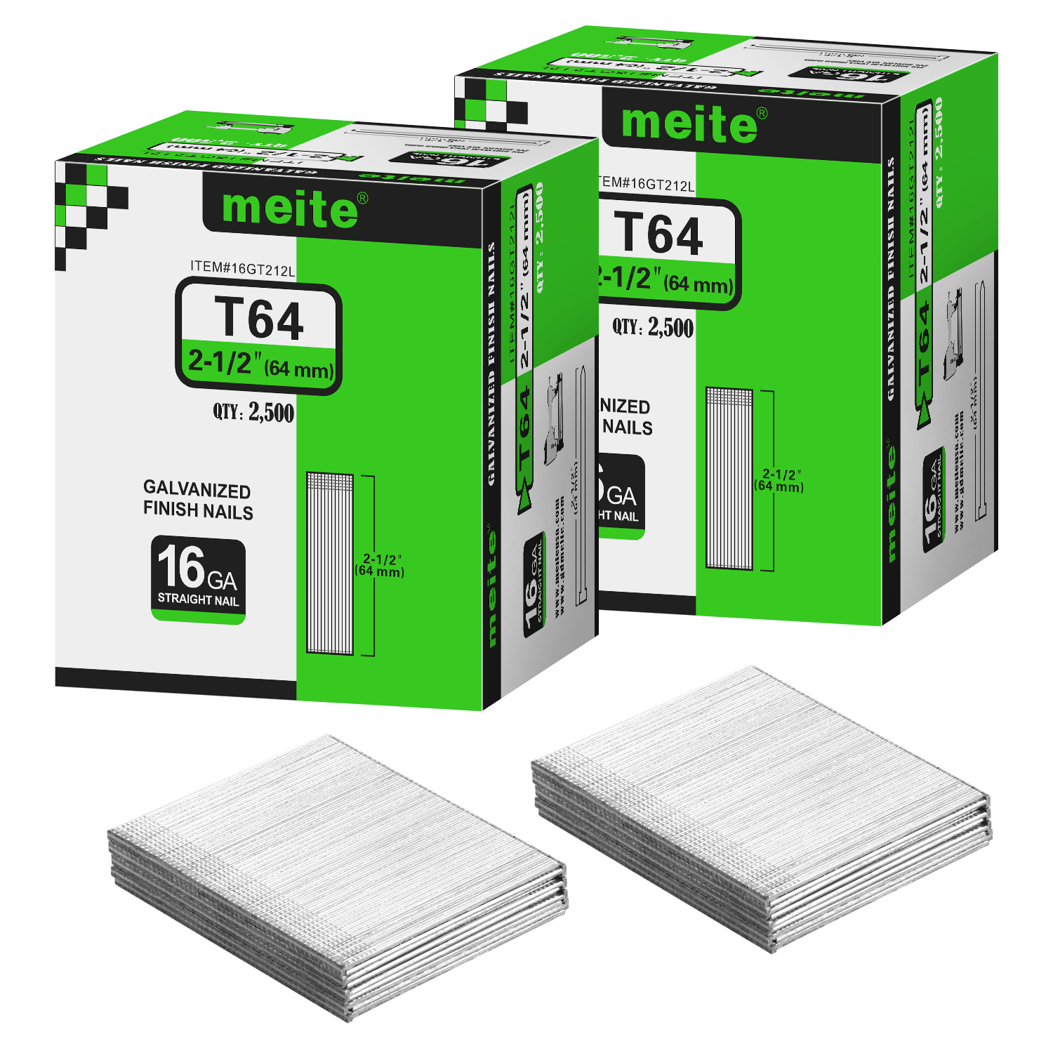 meite 16 Gauge Finish Nails 2-1/2 Inch Galvanized Straight T-Nails 2500 Counts