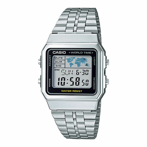 Casio A500WA-1D Vintage World Time Digital Watch Silver Stainless Steel Authenti
