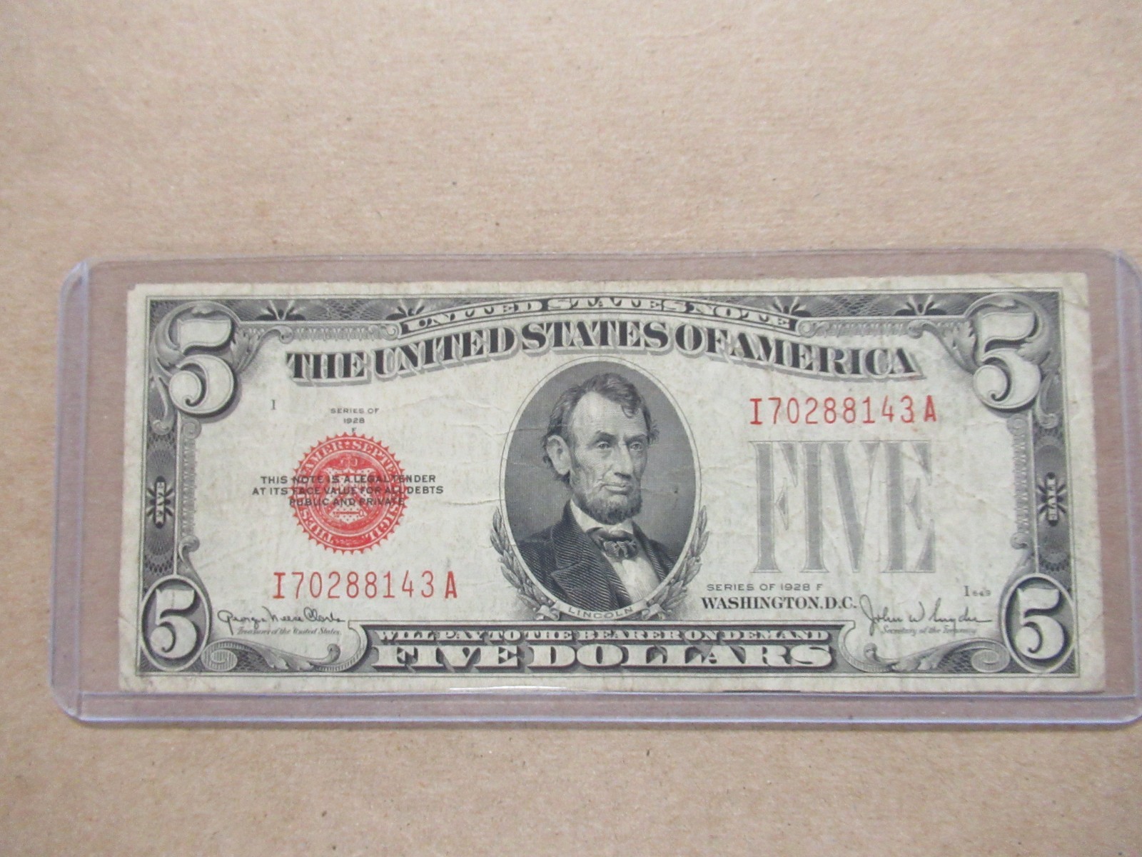 1928-F $5 RED SEAL Legal Tender Note I70288143A Wide II Final Plate 2096