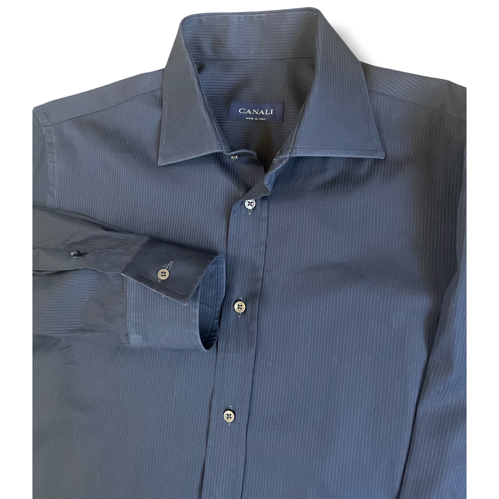 Canali Mens Navy Blue Micro Stripe Dress Shirt Made in Italy Size 41 16
