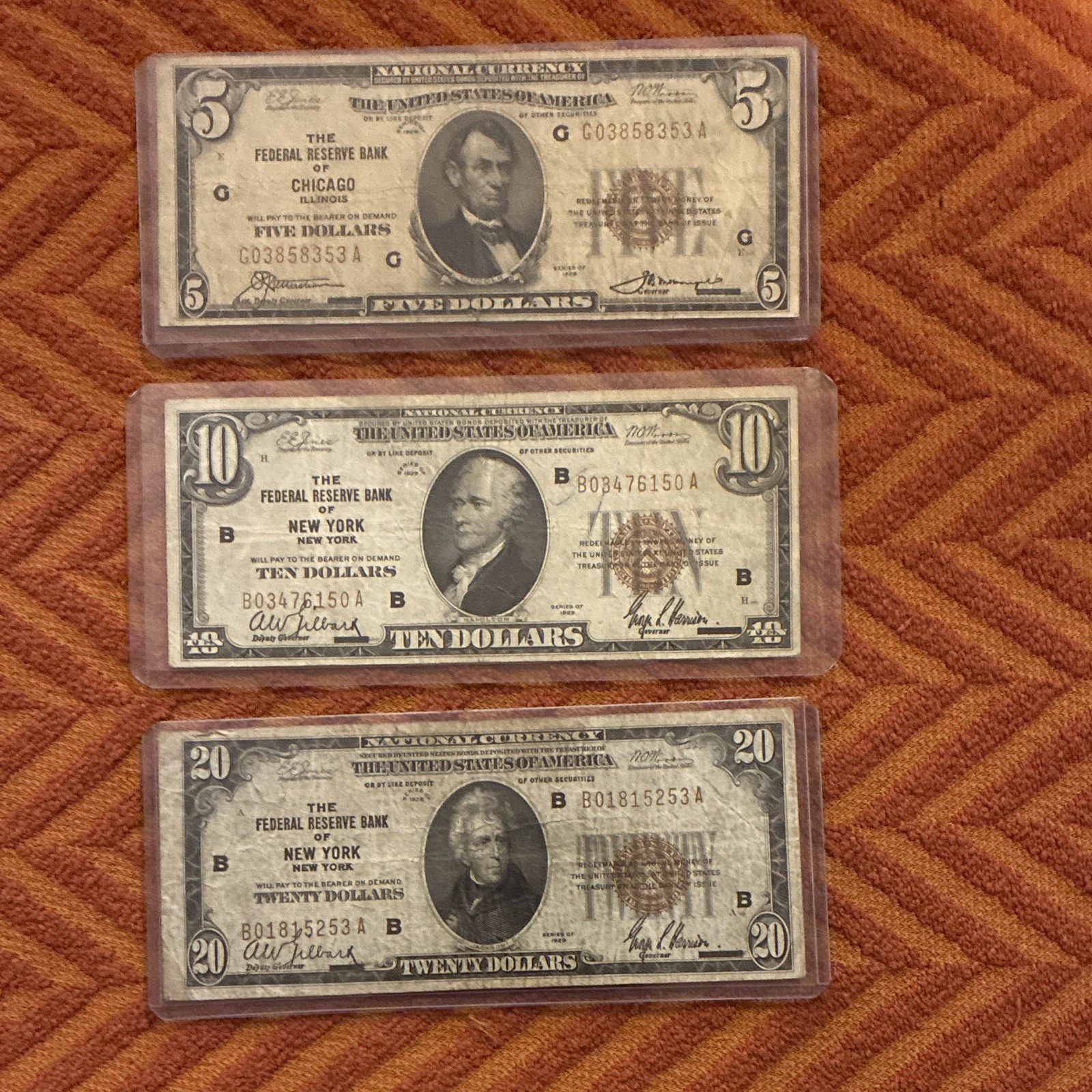 1929 US Federal Reserve Notes Lot of 3 $5 $10 $20 Banknotes Uncertified