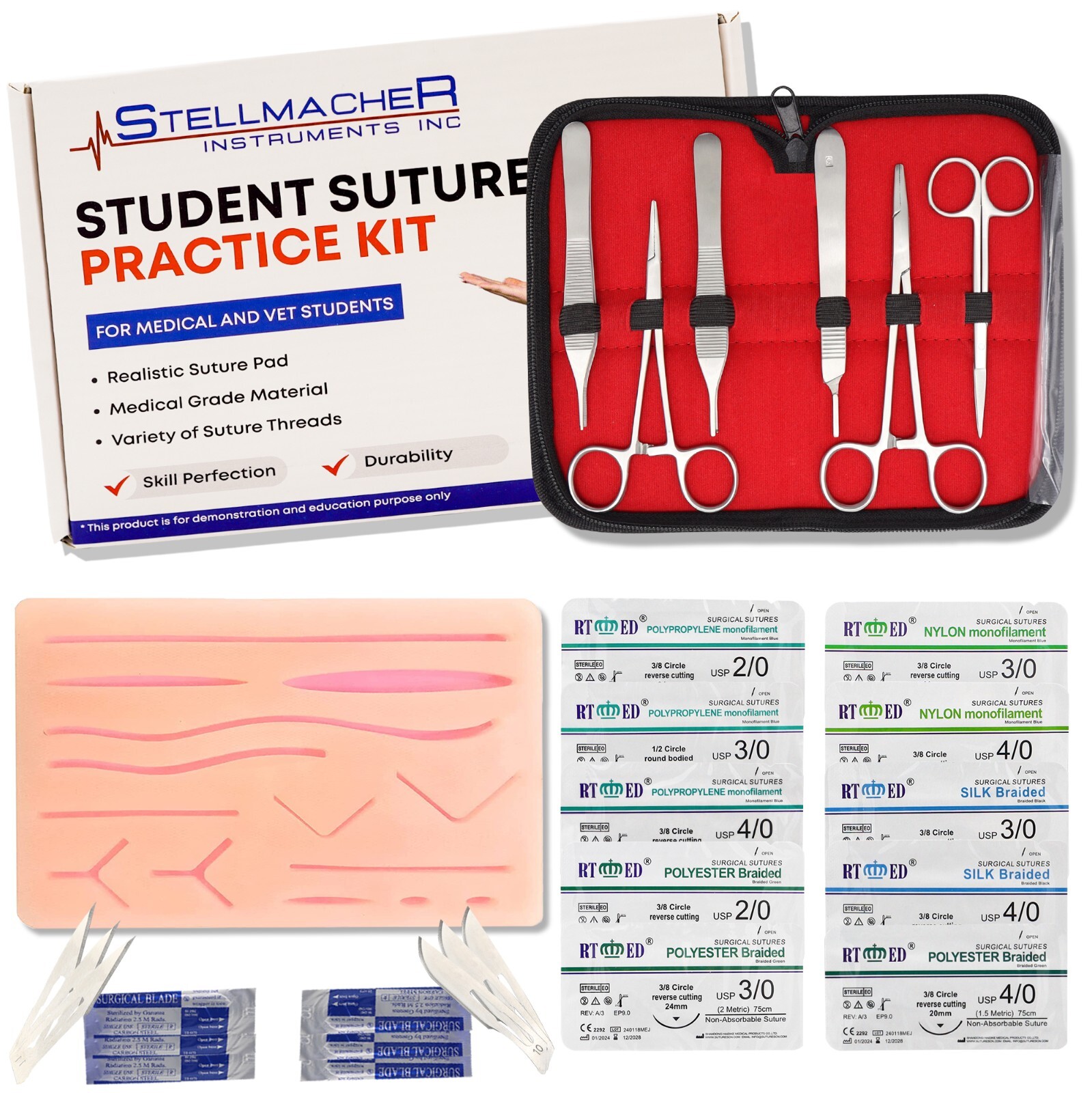 38 Pcs Suture Student Practice Kit for Training with Surgical Pad Sutures