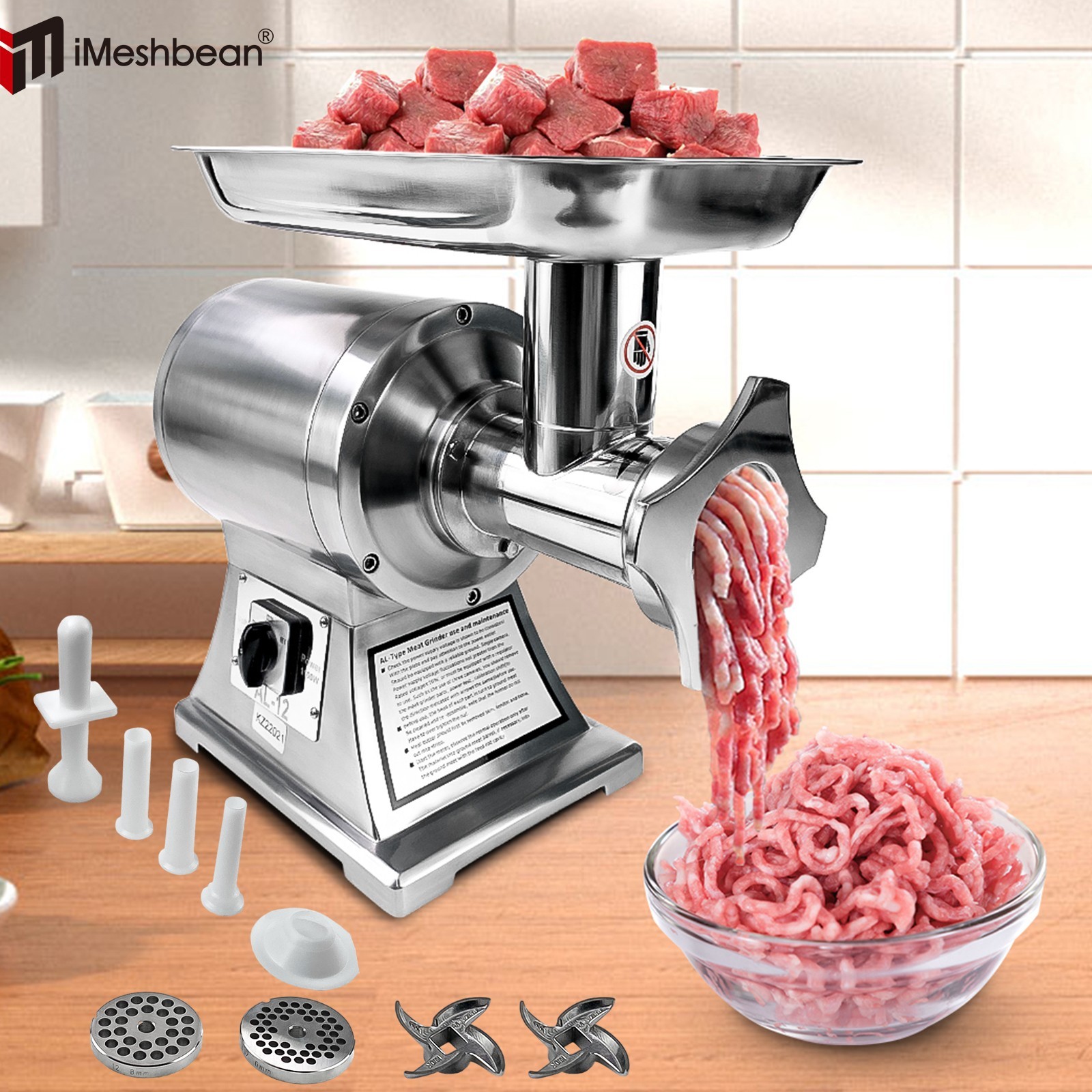 1.5HP 1100W Commercial Electric Meat Grinder Stainless Steel 550lbs/h Heavy Duty 1.5HP 1100W Commercial Electric Meat Grinder Stainless Steel 550lbs/h Heavy Duty