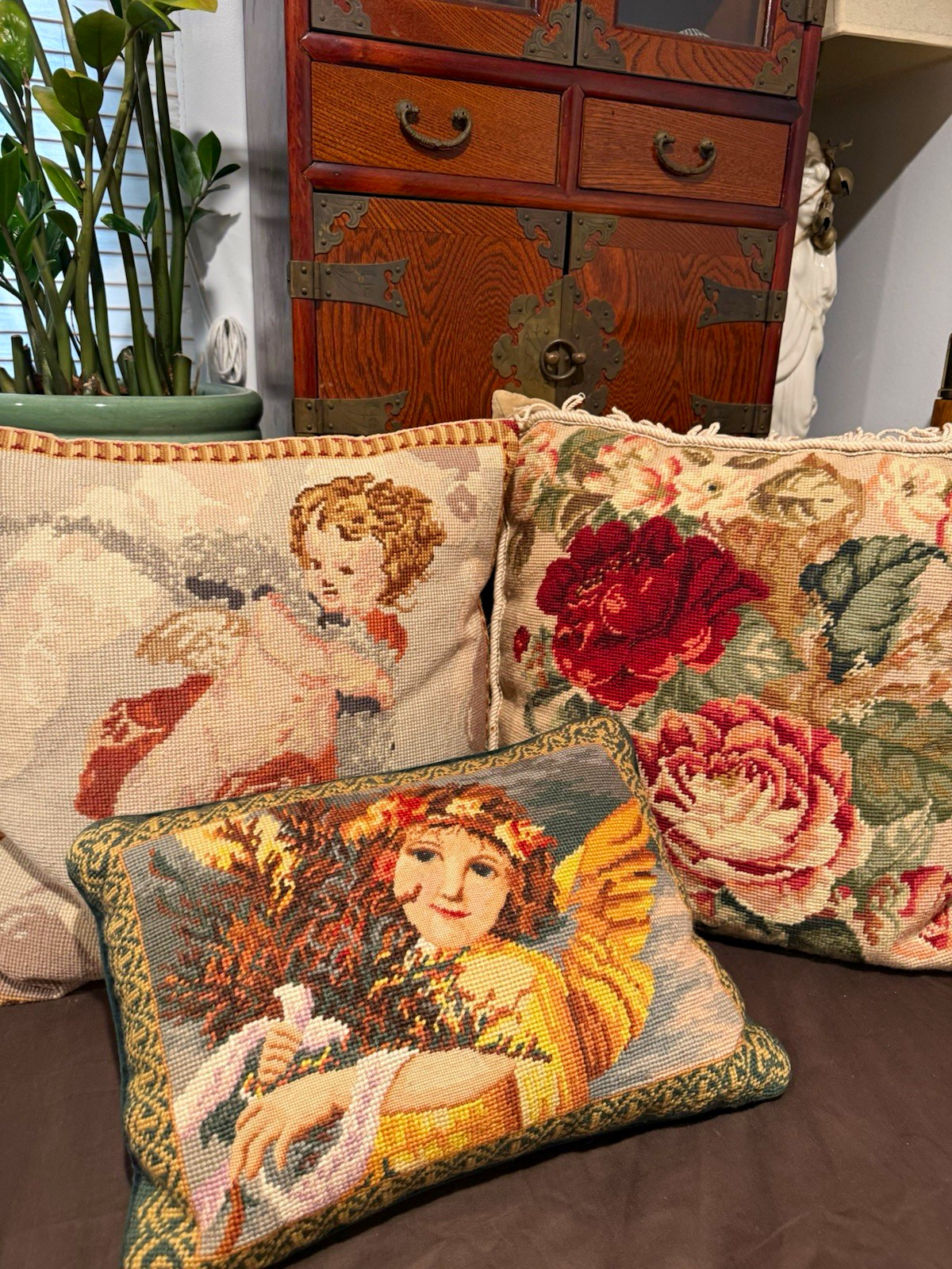 3 Vintage Needlepoint Petite Point Throw Pillow Cherub Angel Floral Coordinating 3 Vintage Needlepoint Petite Point Throw Pillow Cherub Angel Floral Coordinating