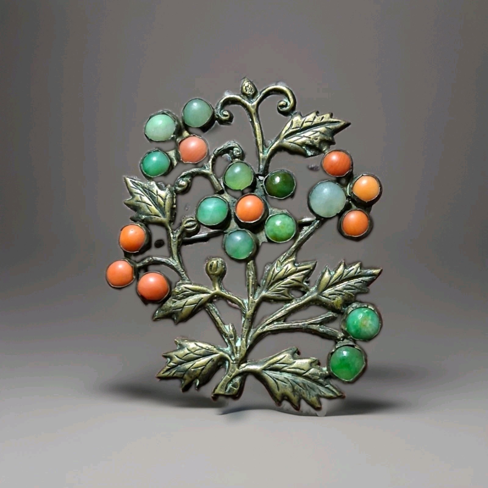 Antique 800 Silver Coral Jade Floral Brooch Art Noveau Botanical Berry Pin 14 g