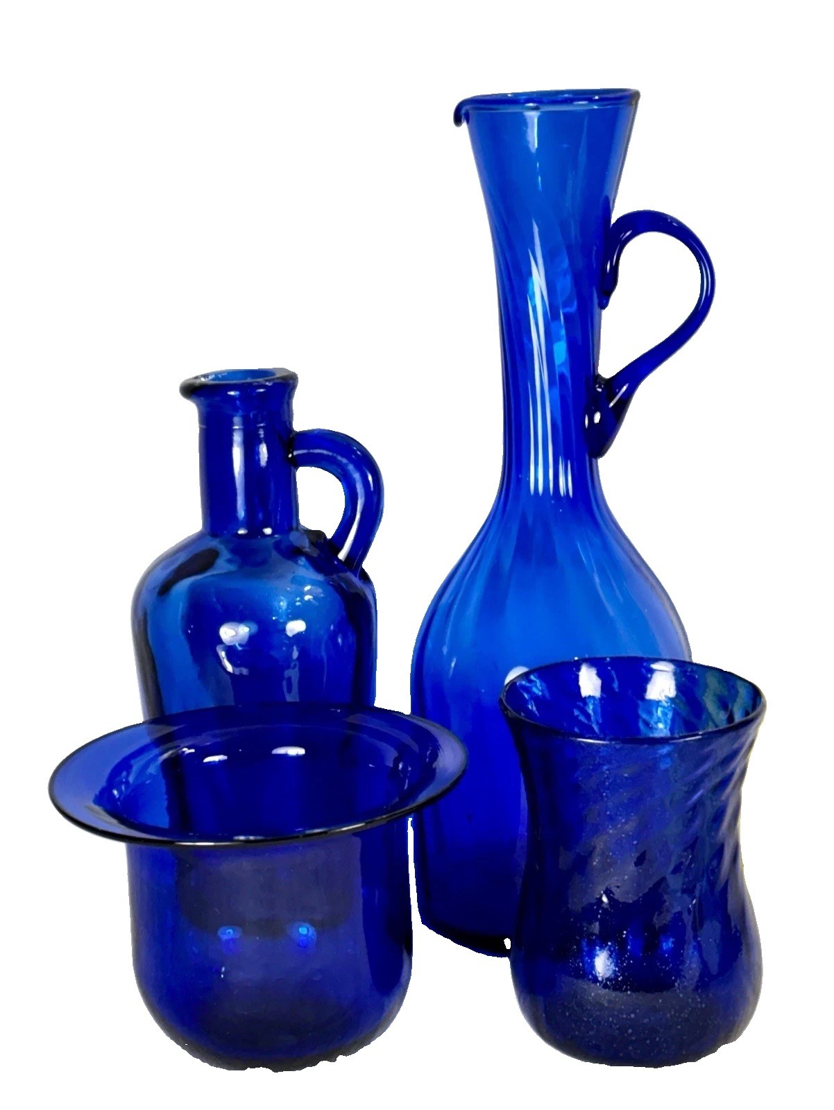 4pc Vintage Cobalt Blue Hand Blown Art Glass Vessels & Jugs MCM Optic Swirl