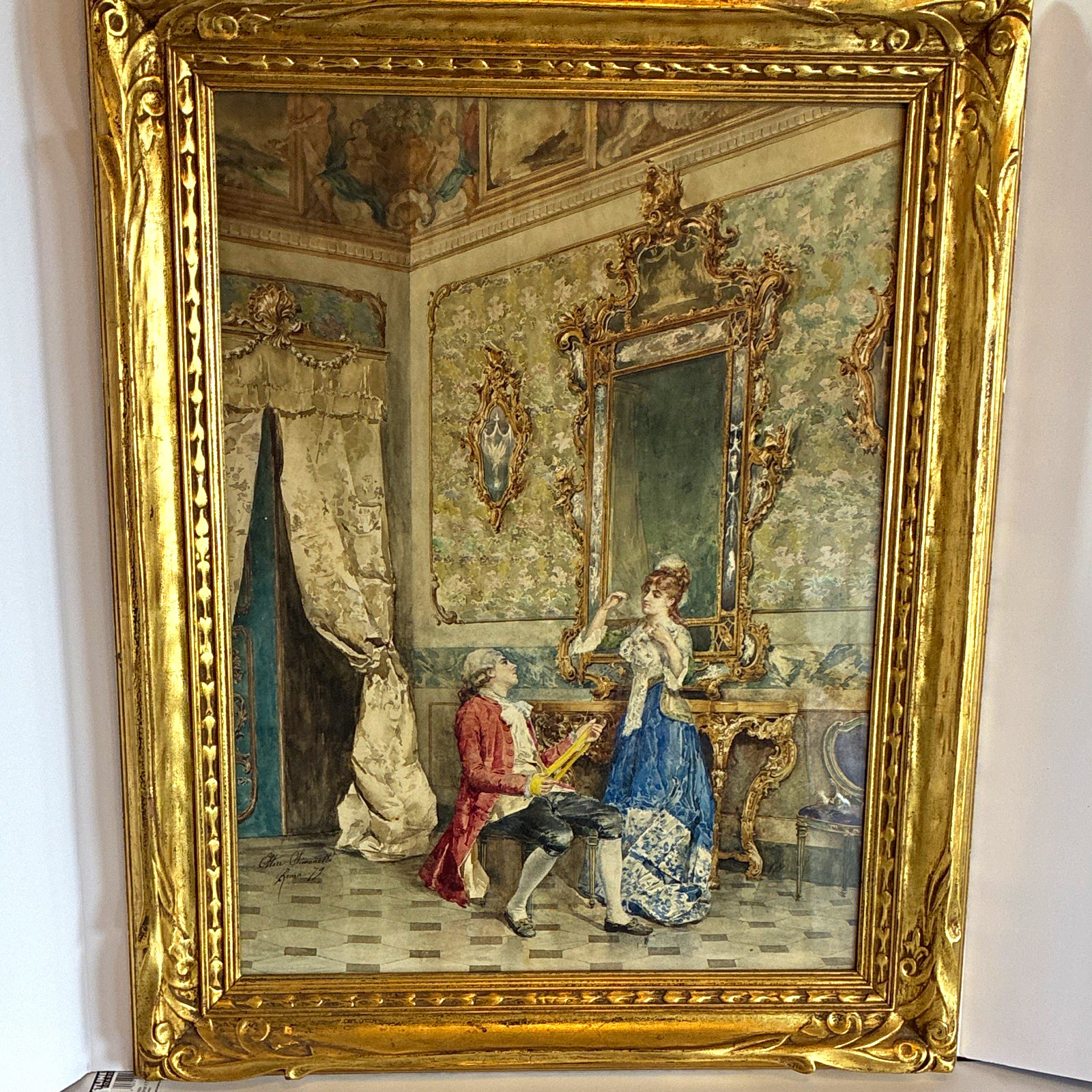 19th Century Watercolor painting by Italian Artist Ettore Simonetti Ornate Frame