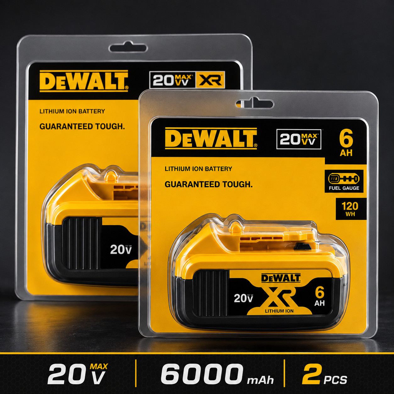 DEWALT 20V MAX XR 6Ah Battery 2 Pack 6000mAh 120Wh Lithium Ion