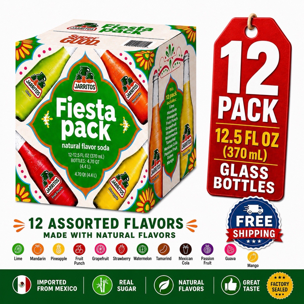 Jarritos Fiesta Pack 12 Glass Bottles Variety Pack 12.5 oz Mexican Soda