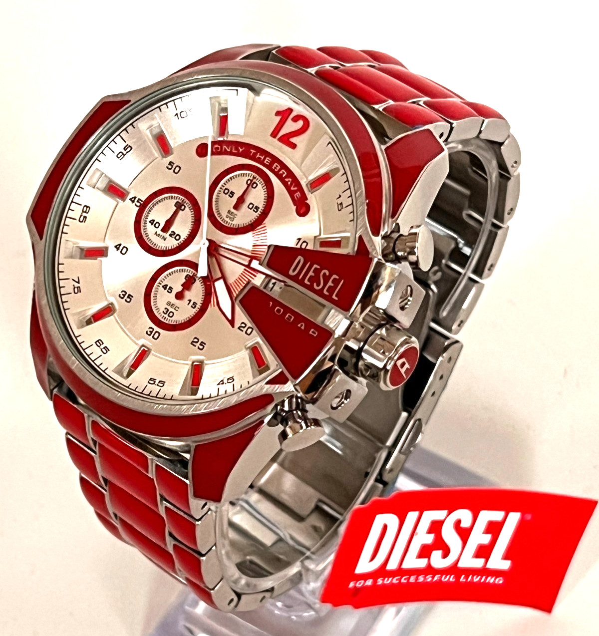 DIESEL DZ4638 Men\'s Mega Chief Red Enamel Stainless Steel Watch BNWT/Box $290