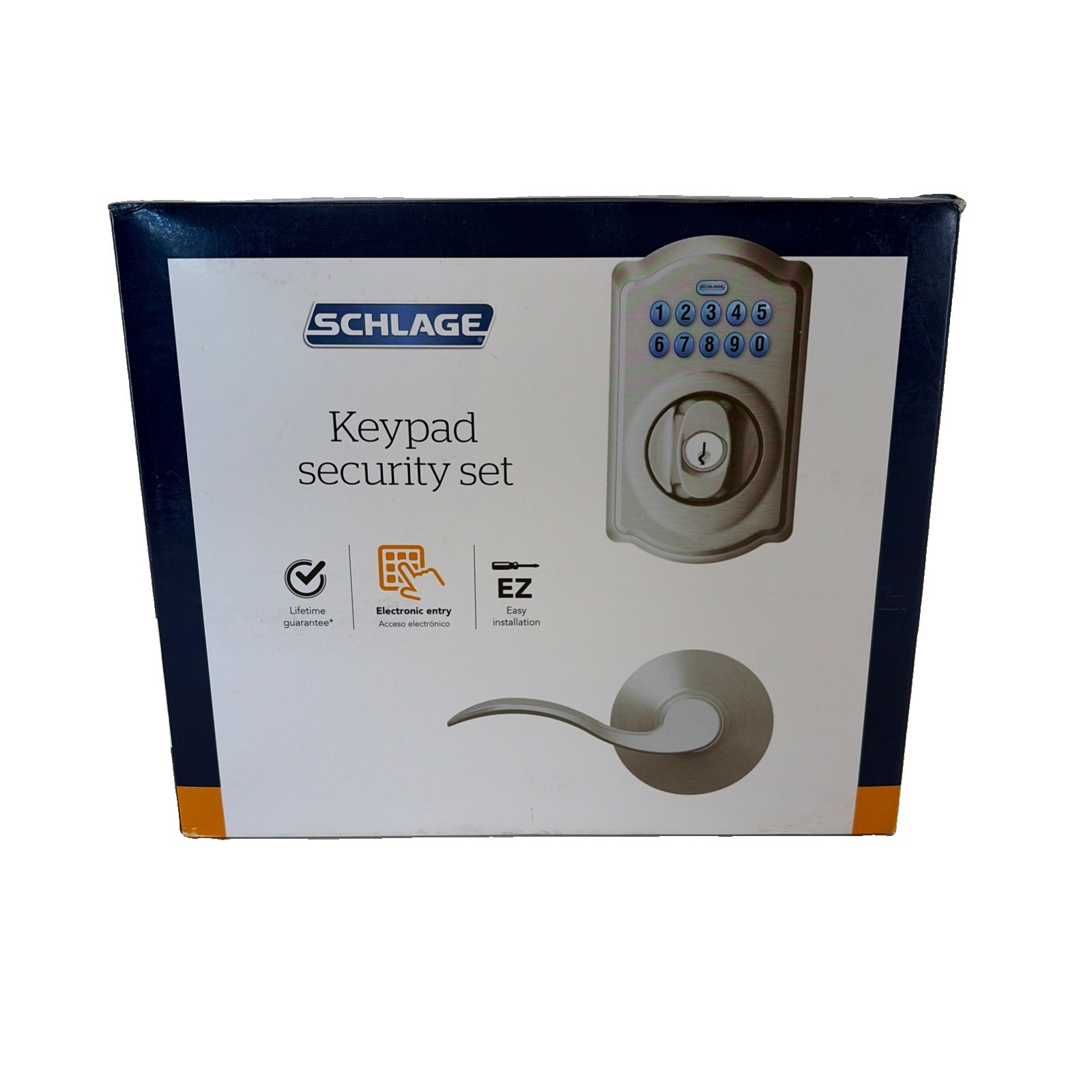 Schlage Camelot / Accent Lever Keypad Security Door Lock Set in Satin Nickel
