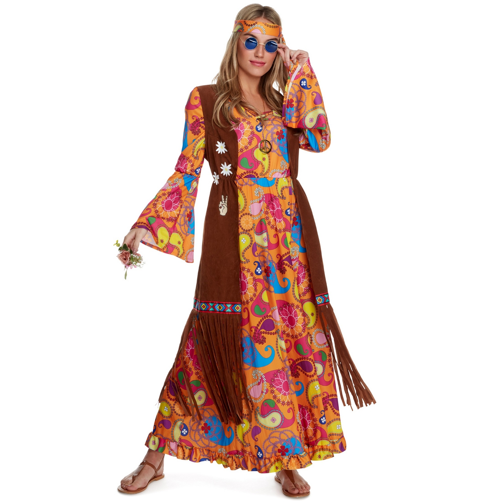 Women`s 1970s Hippie Costume S - XXL Ladies Long Hippy Dress 70`s Flower Child Women`s 1970s Hippie Costume S - XXL Ladies Long Hippy Dress 70`s Flower Child