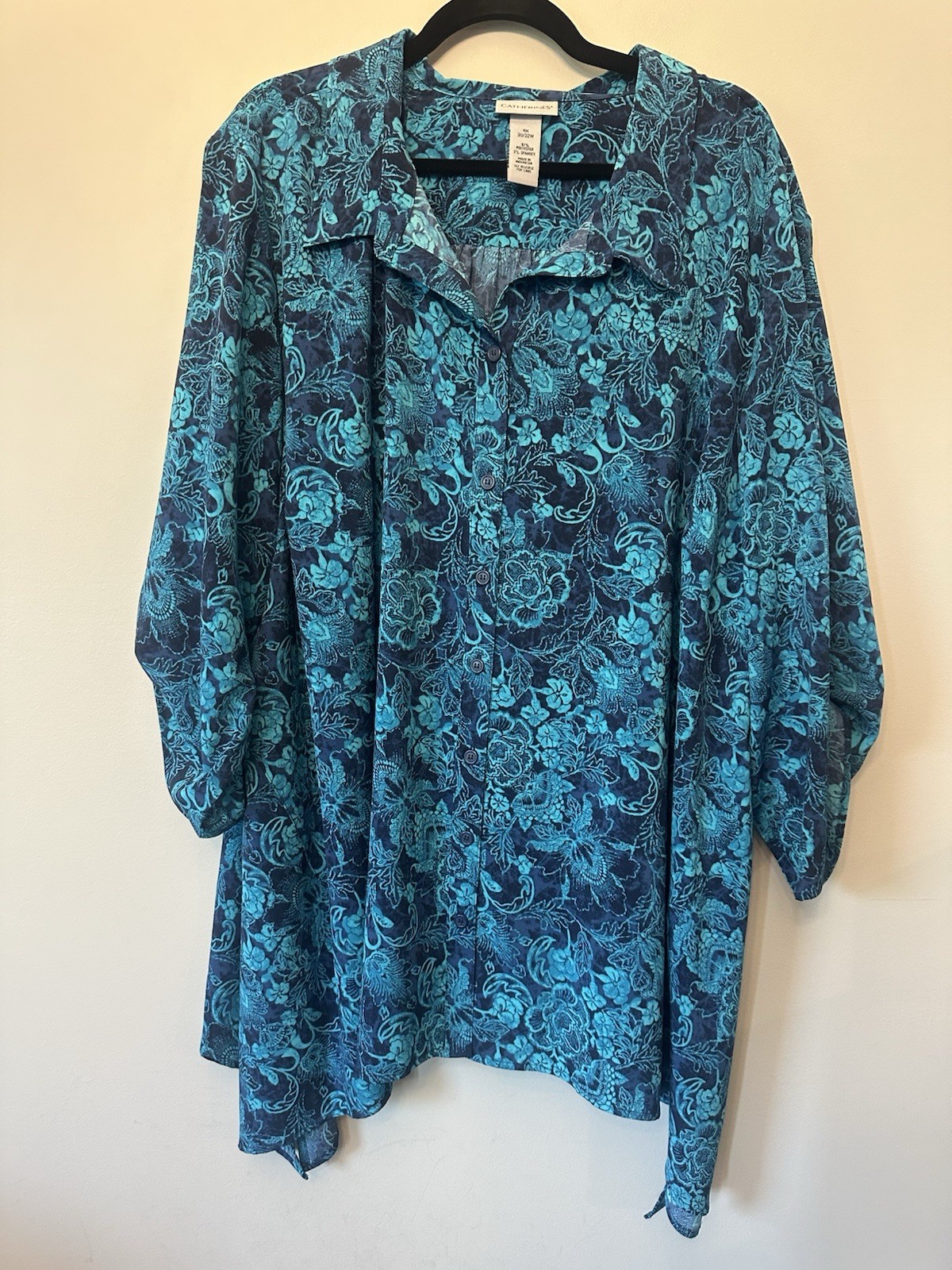 Catherines teal blue floral blouse with a button-down front Lightweight Summer