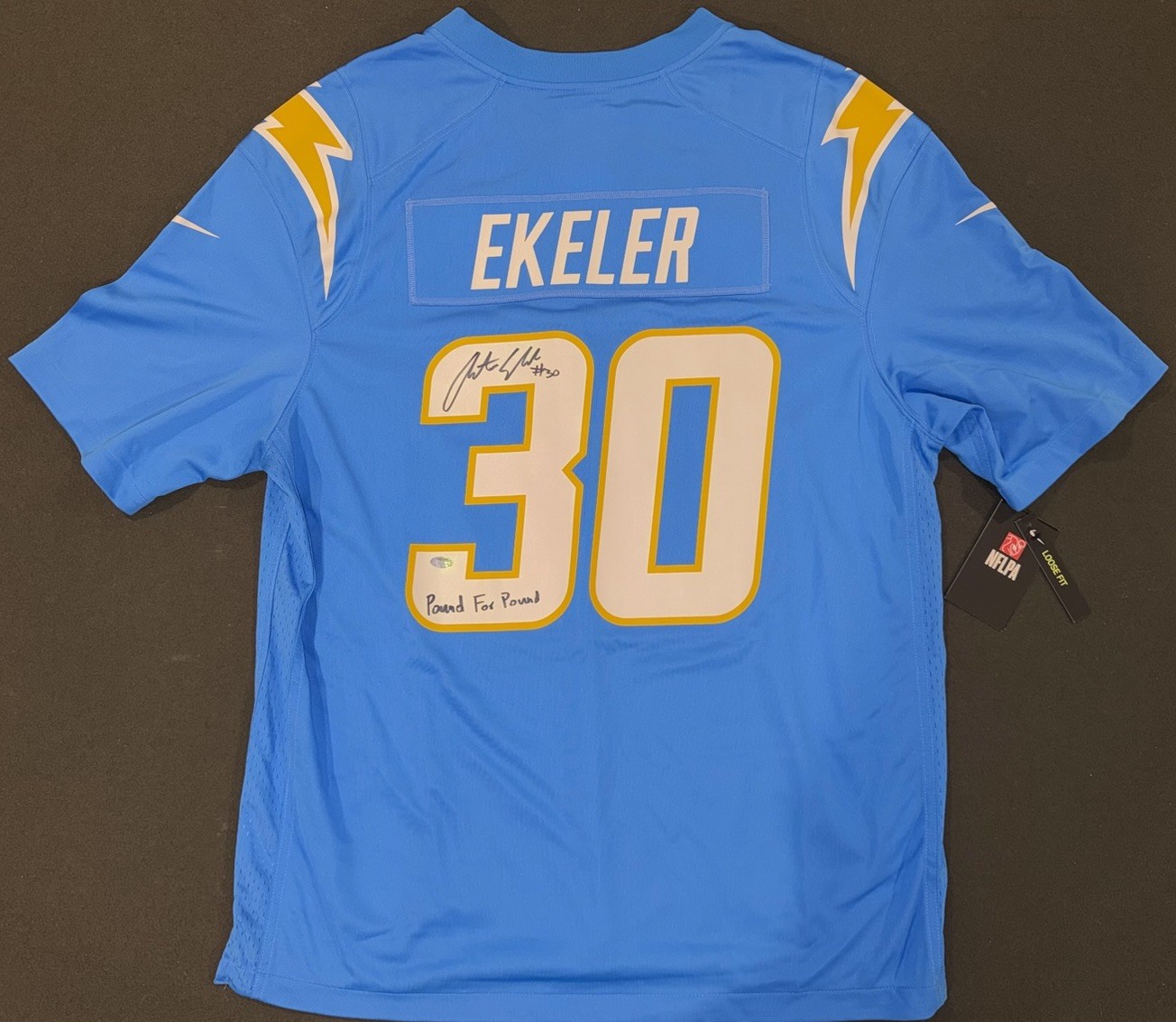 🔥AUSTIN EKELER SIGNED LA CHARGERS NIKE ON-FIELD JERSEY – “POUND FOR POUND” INSC