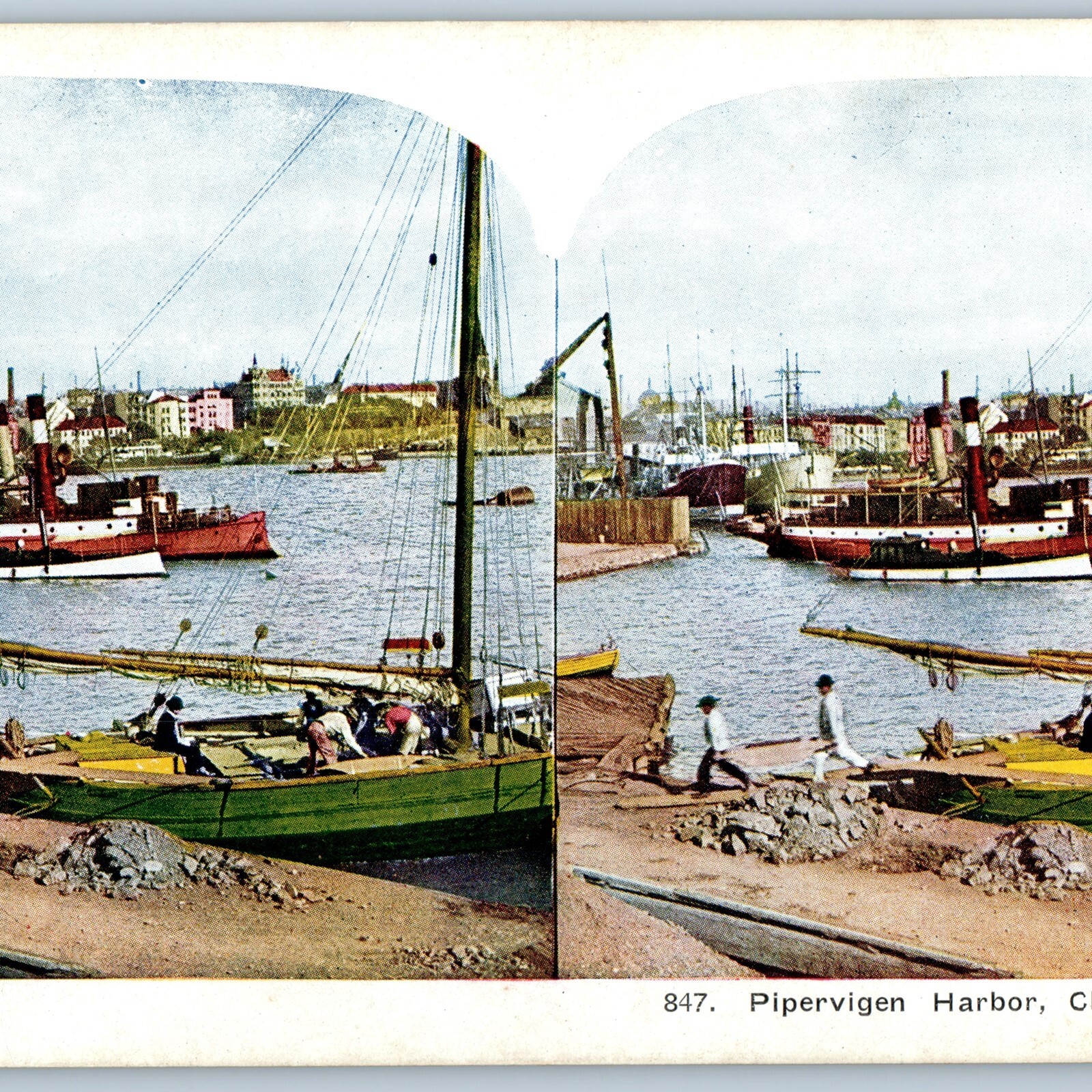 c1900s Christiana, Norway Pipervigen Harbor Ships Stereoview Steamship Boats V35
