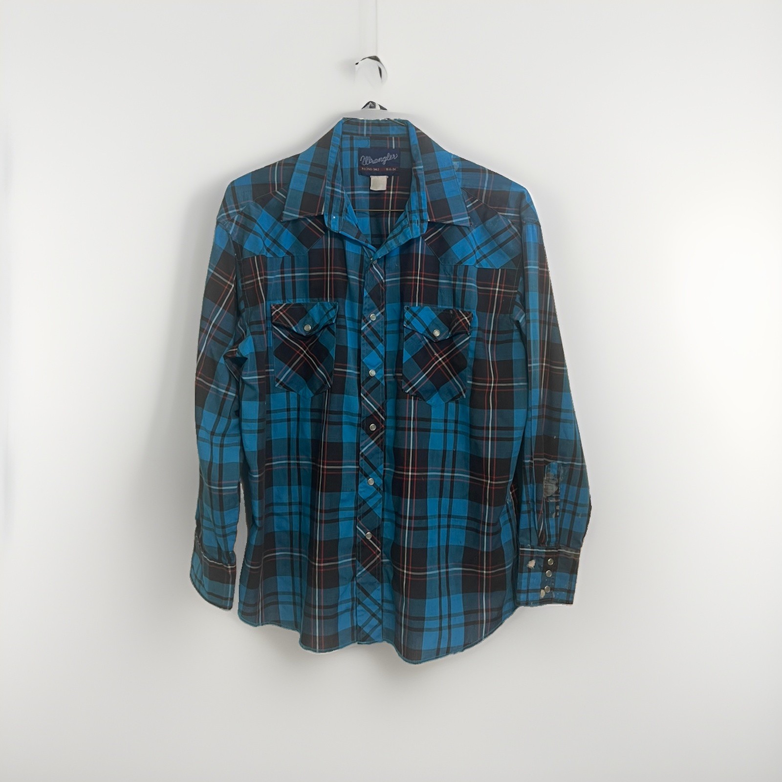 Wrangler Western Vintage Shirt Size 16 1/2   34 Plaid Pearl Snap long  Sleeve 
