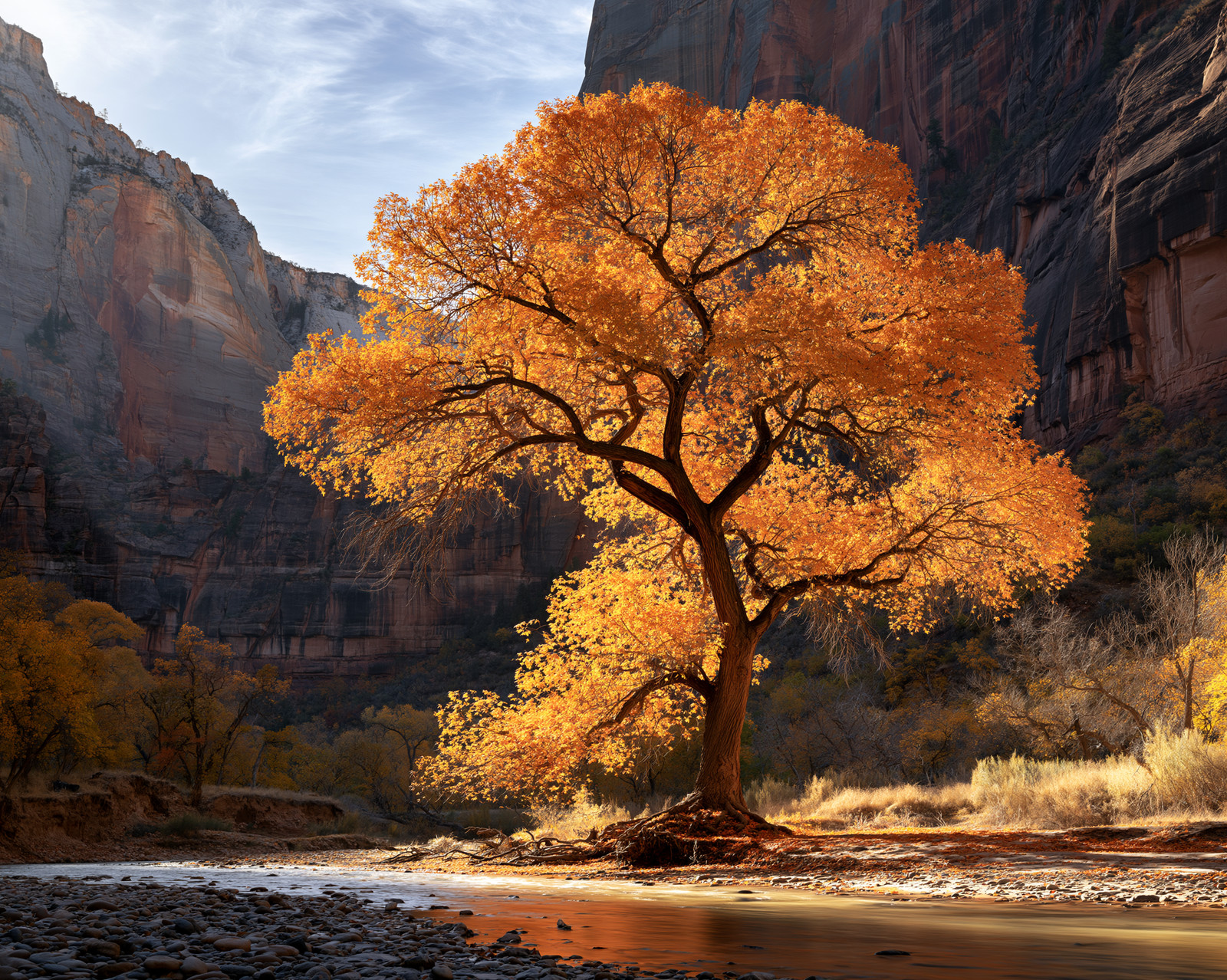 Bright Golden Cottonwood Beside River Under Red Canyon Walls Print - 247060731