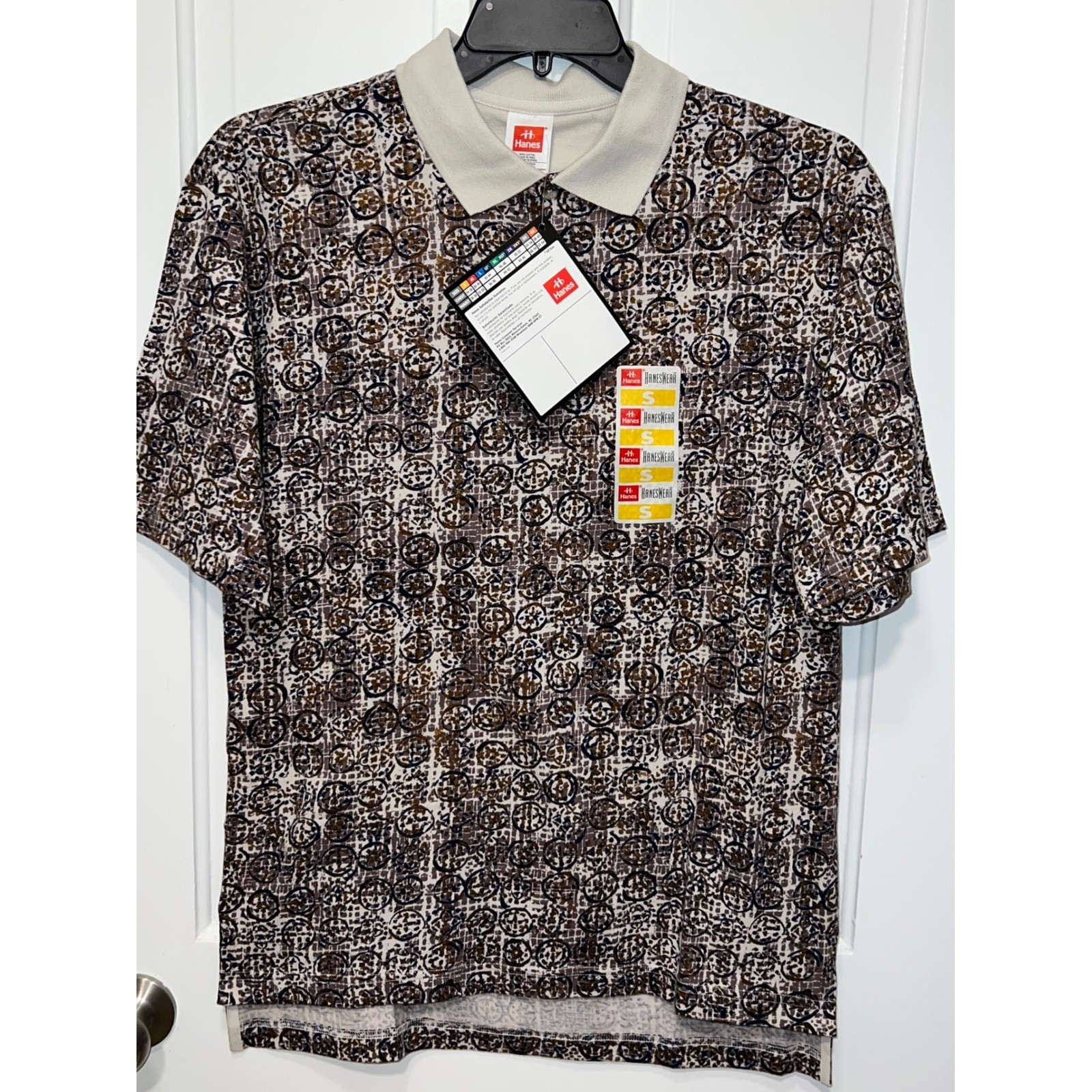 Vintage 1998 Hanes Haneswear Mens Small Geometric Medallion Print Polo Shirt NWT