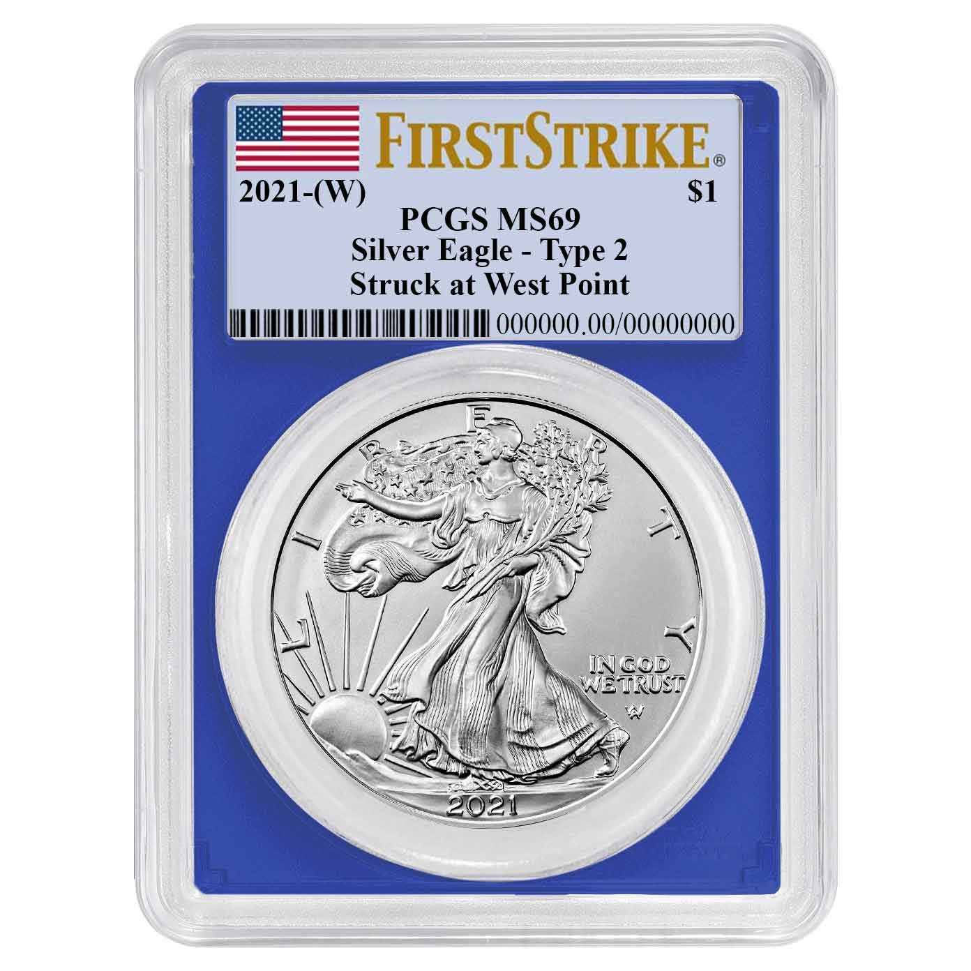 2021 (W) $1 Type 2 American Silver Eagle PCGS MS69 FS Flag Label Blue Frame