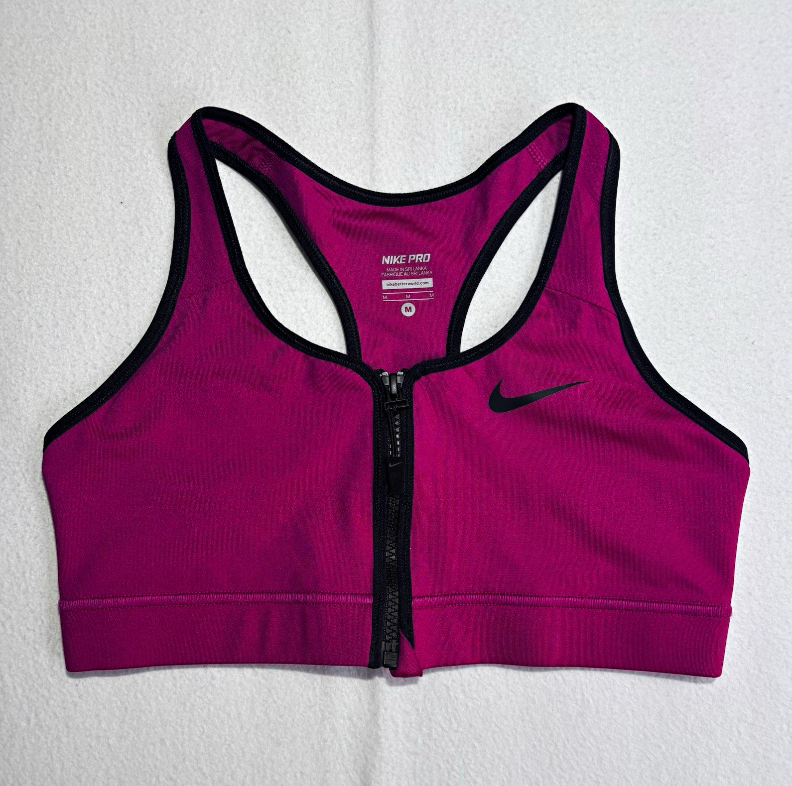 Nike Pro Women’s M Dri-FIT Front Zip Sports Bra Magenta Pink Black Racerback