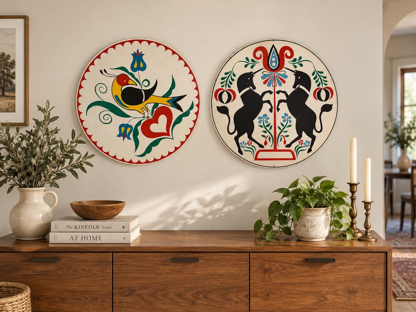 Vintage Pennsylvania Dutch Folk Art Hex Signs 23.25” Bird Horses Wall Decor Pair