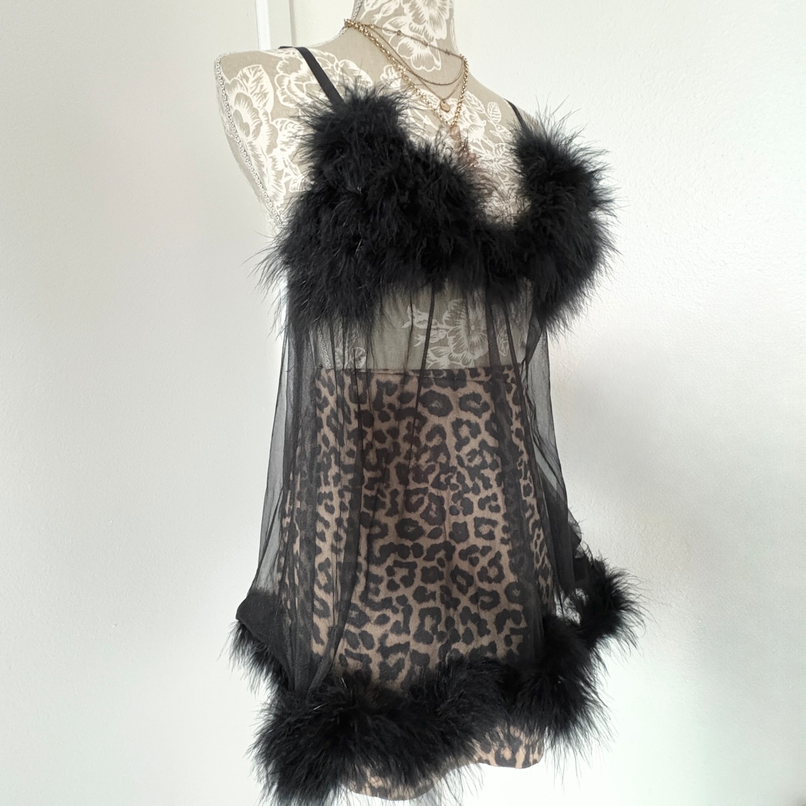 Frederick\'s of Hollywood Black Feather Leopard Babydoll Top OS Fits S