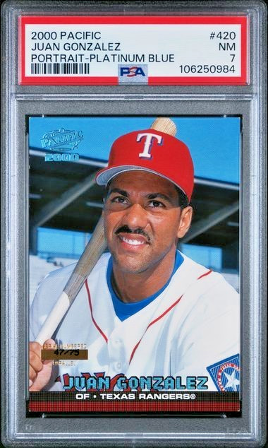 2000 Pacific Portrait /75 Platinum Blue Foil #420 Juan Gonzalez SSP TEXAS PSA 7