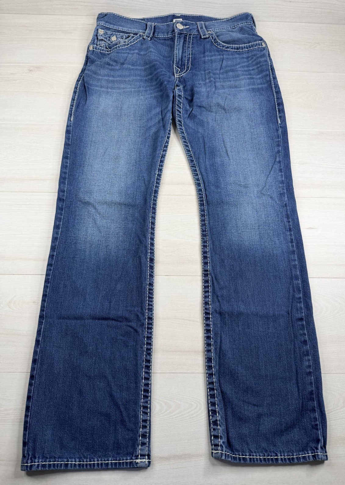Vtg True Religion Jeans Natural Big T Straight Flap Ultra Indigo Y2K Mens 34x33