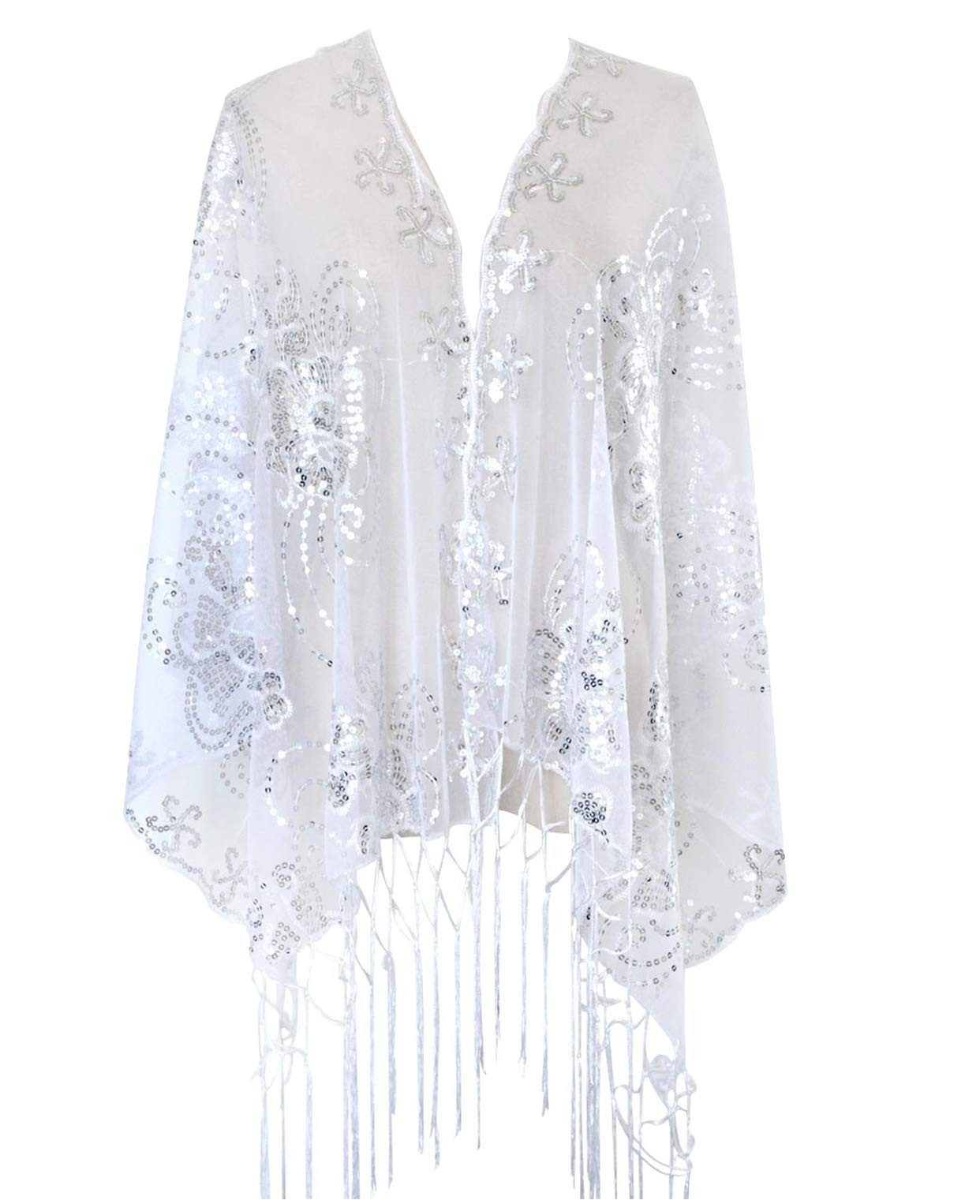 Women\'s Glittering 1920s Scarf Mesh Sequin Wedding Cape Fringed Evening Shawl...