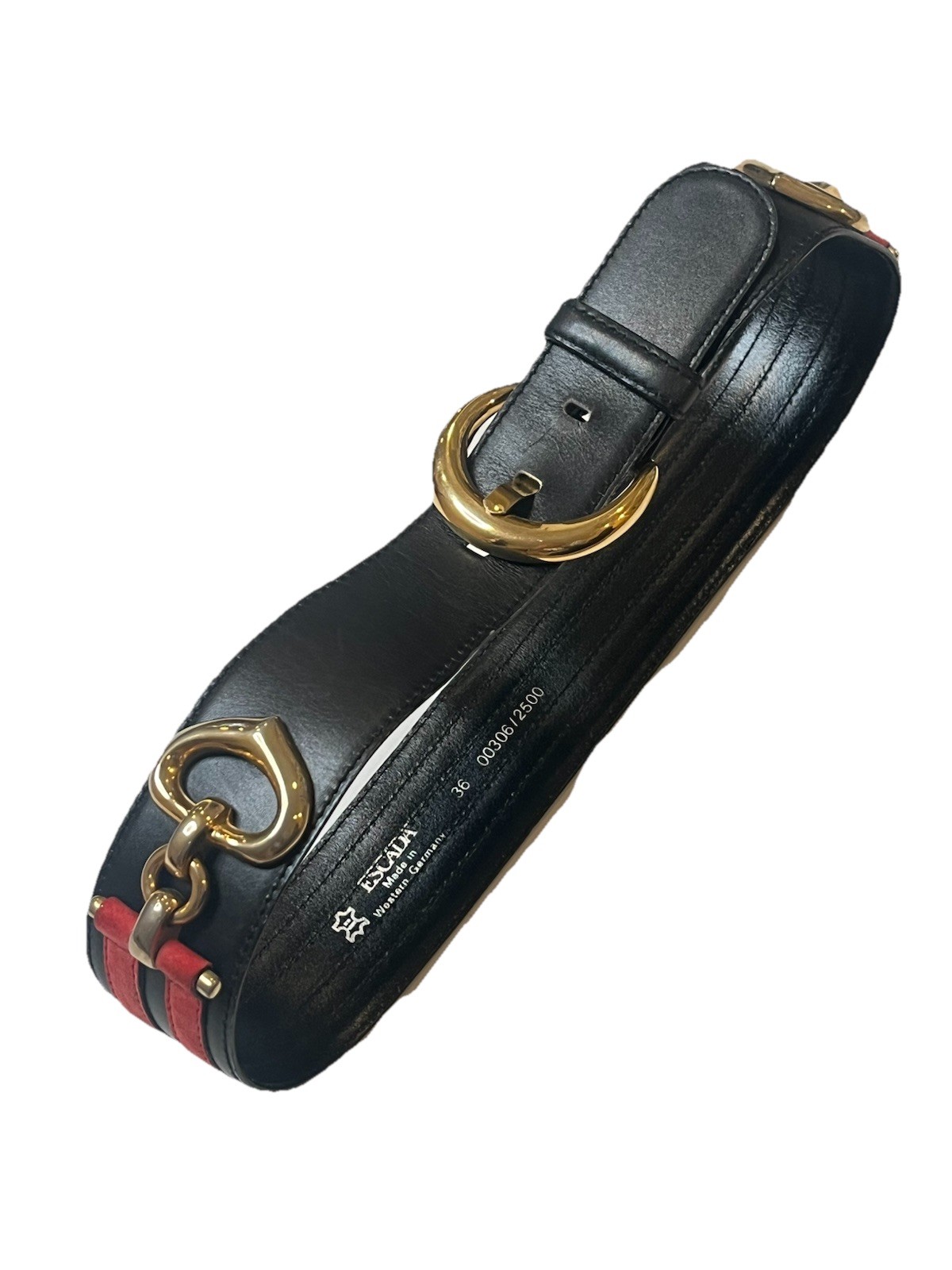 Vtg Escada Western Germany Leather Belt Horsebit Gold Buckle Black Red 36 