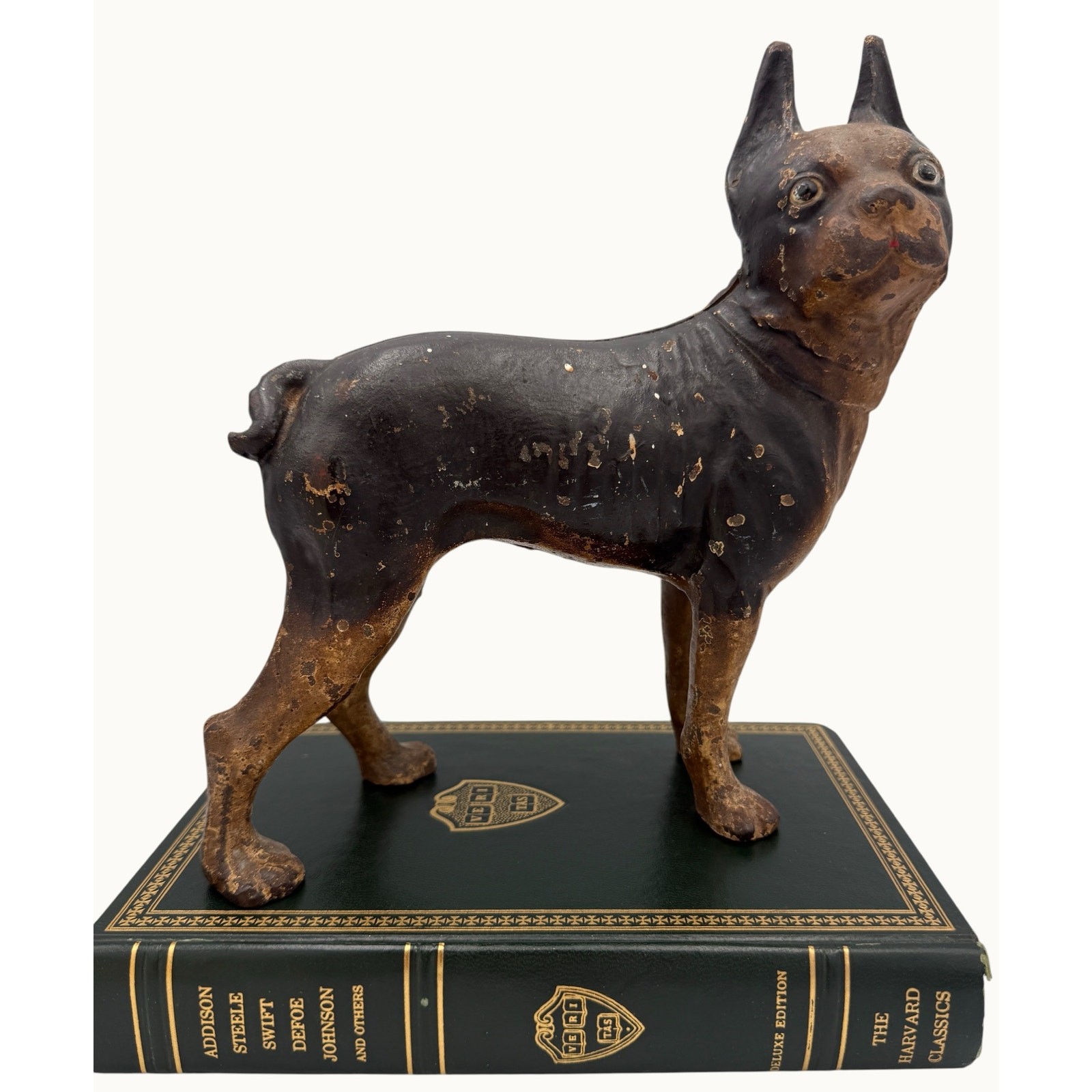 Antique Cast Iron Boston Terrier Dog Doorstop Heavy Glass Eyes Original Paint