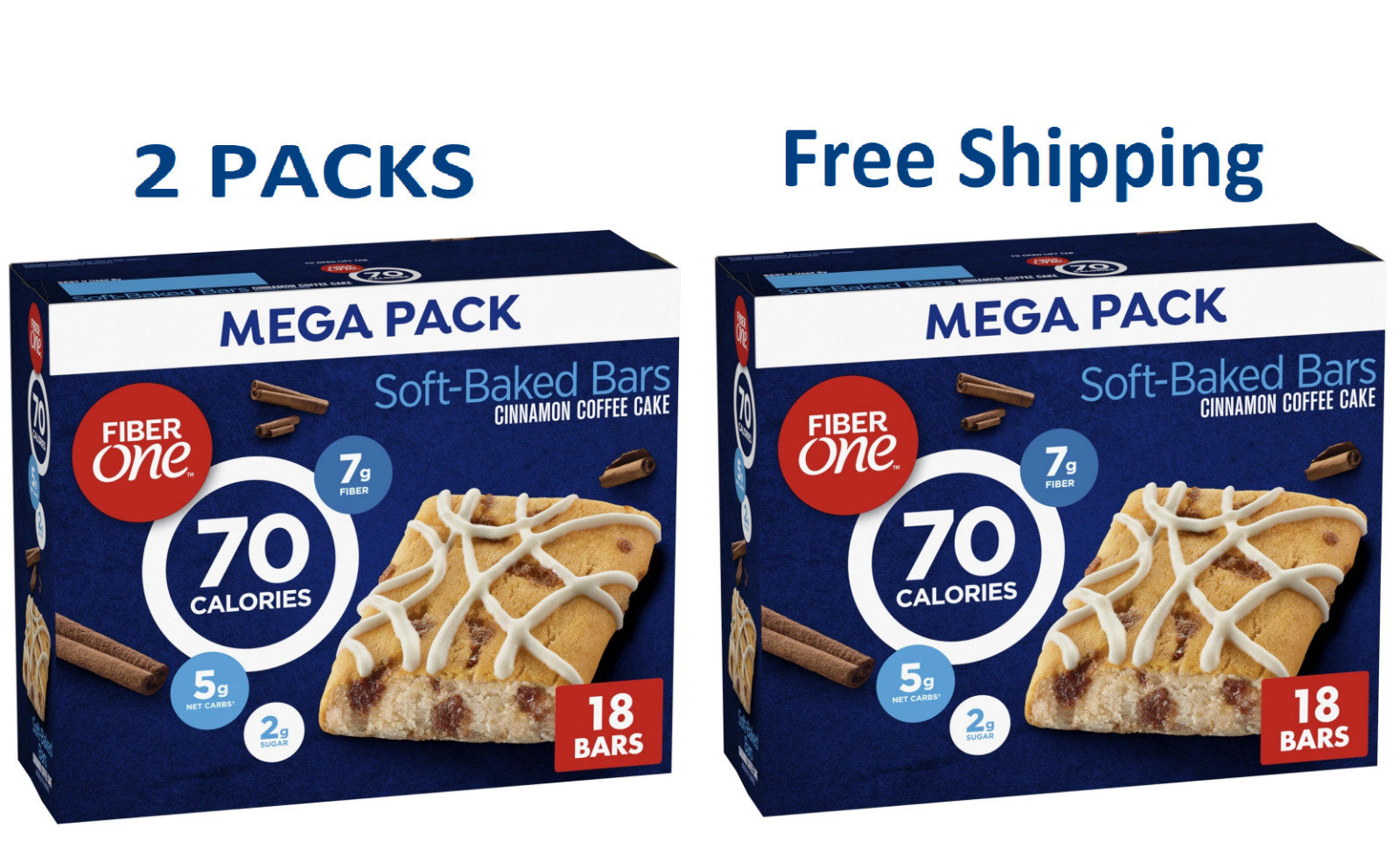 (PK2) Fiber One 70 Calorie Soft Baked Bars,Cinnamon Coffee Cake, Mega Pack,18 Ct