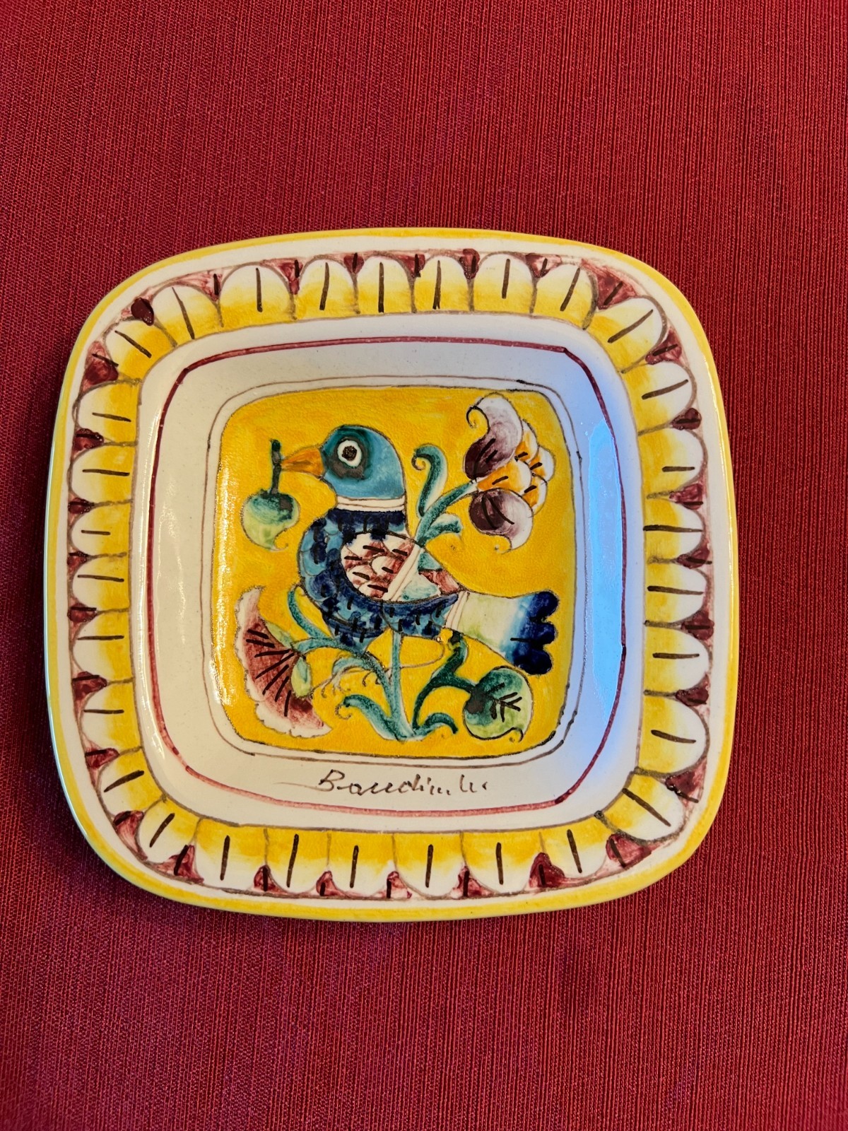 Italy Original Hand Painted Signed Ceramic Plate Florence Bird Floral 6X6\ Italy Original Hand Painted Signed Ceramic Plate Florence Bird Floral 6X6\