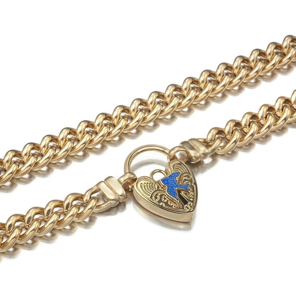 18K GL Solid Curb Chain Yellow Gold Necklace Vintage Blue Bird Heart Padlock