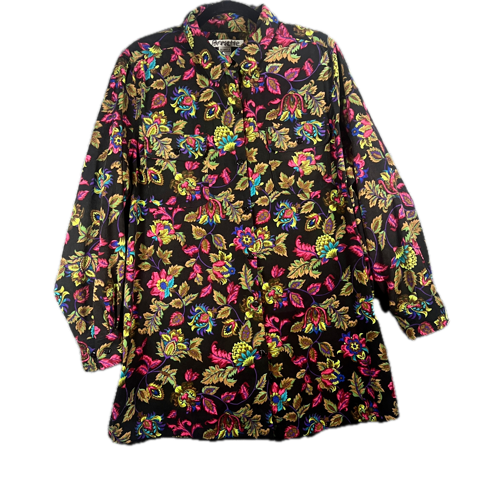 VTG Roaman’s Women Shirt Button Down Black & Neon Floral Oversized Tunic sz L
