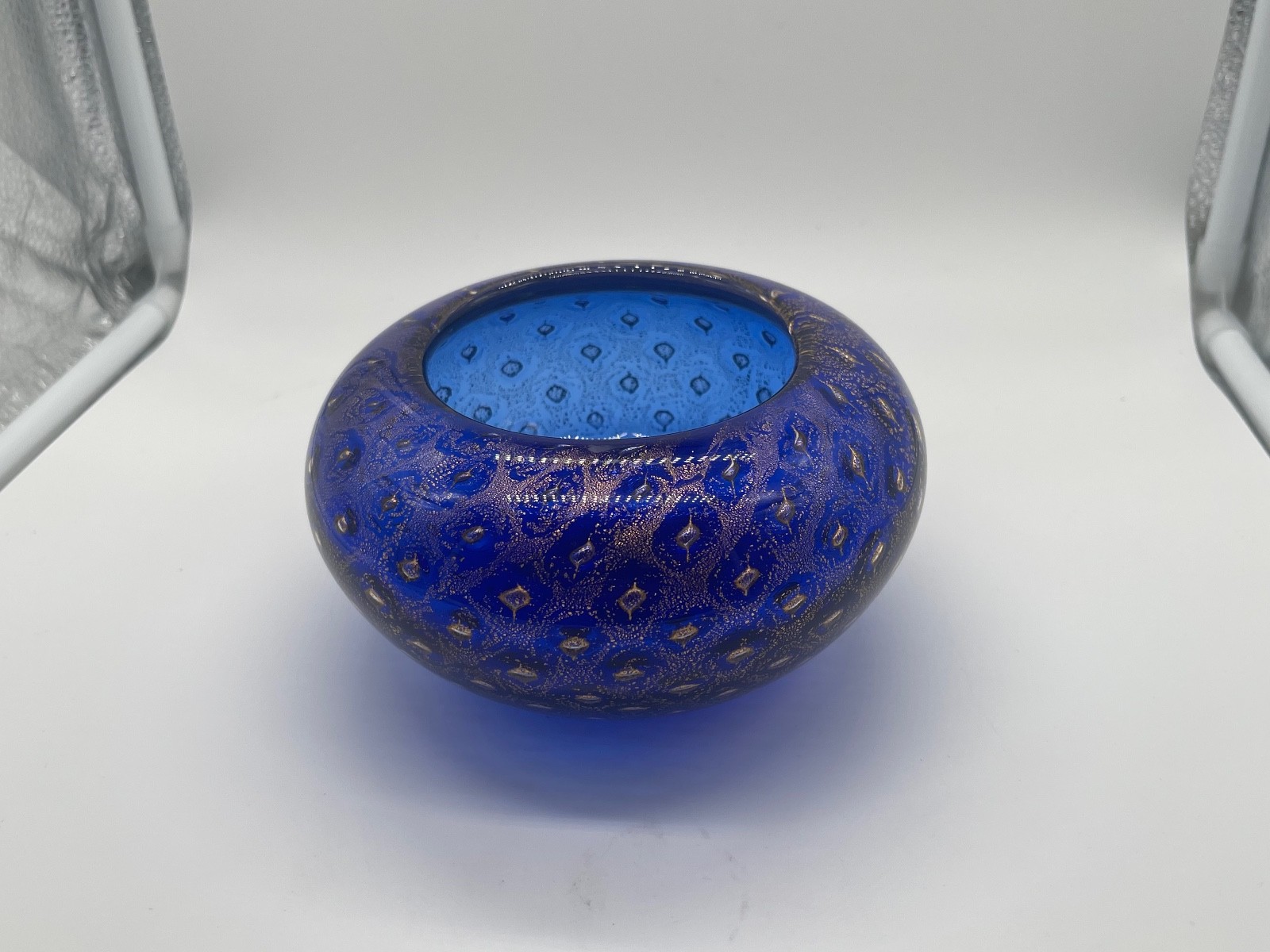 Signed ARS Cenedese Murano Cobalt Blue & Gold Fleck Hand Blown Glass Bowl
