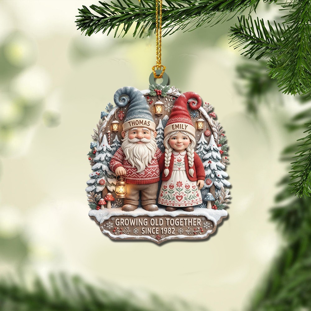 Personalized Growing Old Together Gnome Couple 2D Flat Acrylic Christmas Ornamen