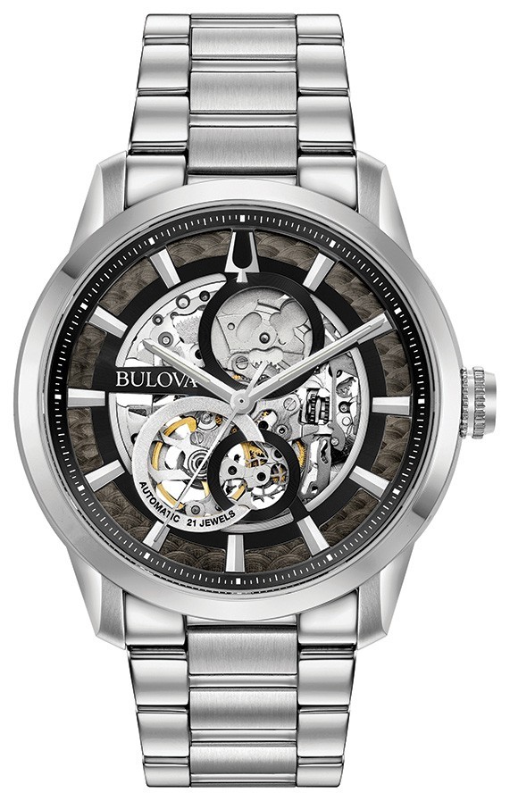 Bulova Men\'s Sutton Automatic Skeleton Silver Stainless Steel Watch 43MM 96A208