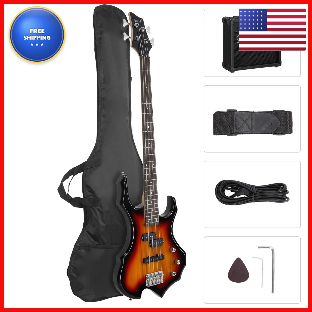 GLARRY Electric Bass Guitar 4 Strings Buring Fire Style Single Coil - Split