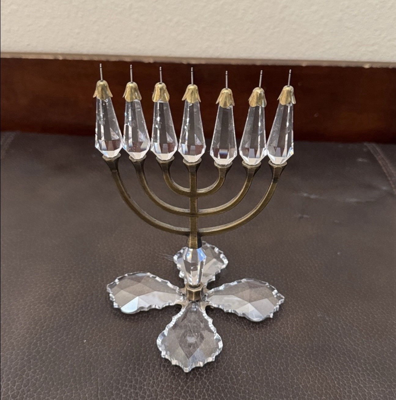 Vintage Crystal Menorah with An Old Brass Finish From Prague Judaica Hanukkah Vintage Crystal Menorah with An Old Brass Finish From Prague Judaica Hanukkah
